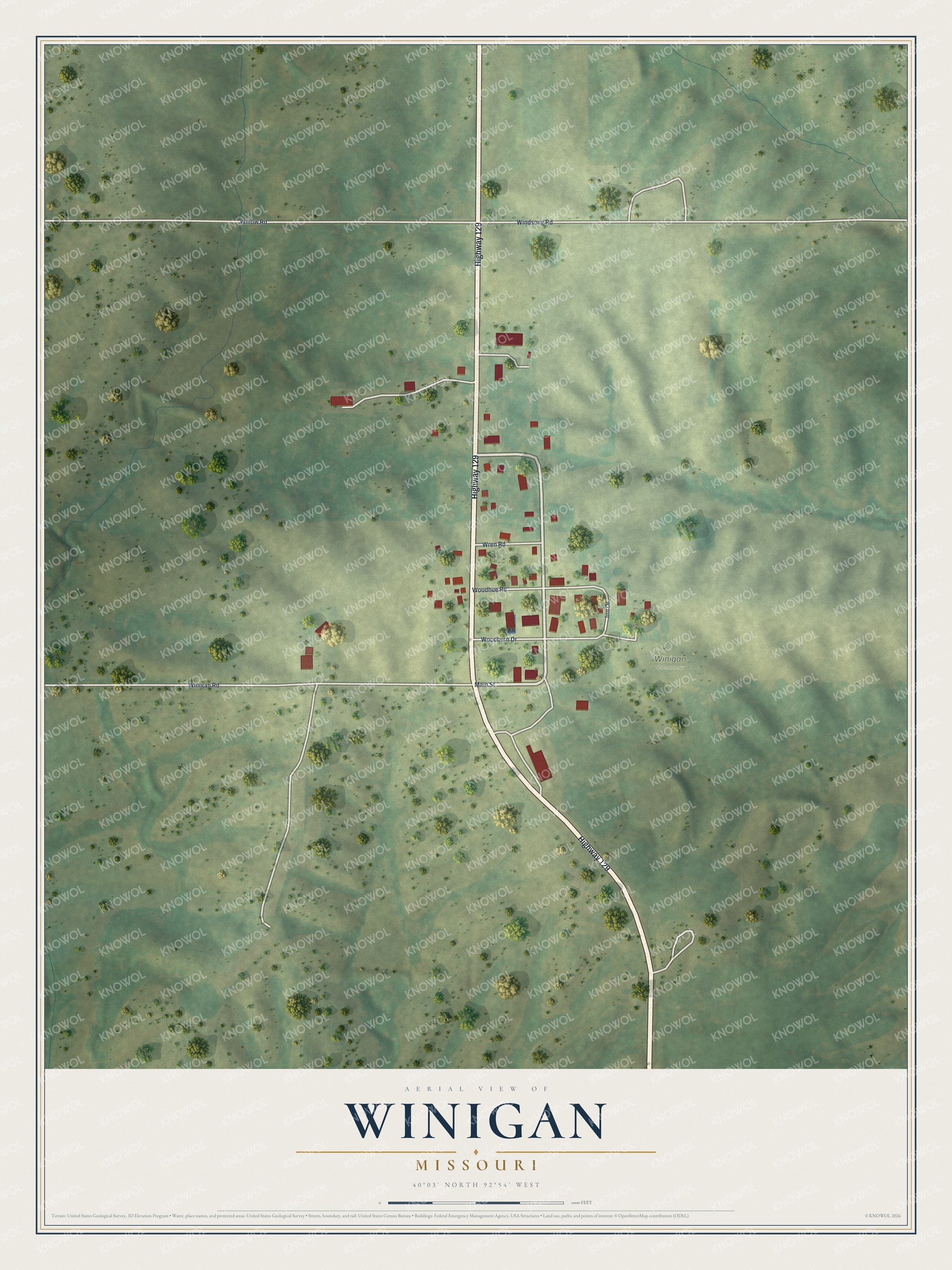 Full map of Winigan, Missouri, with red buildings, printed street names and the land around them