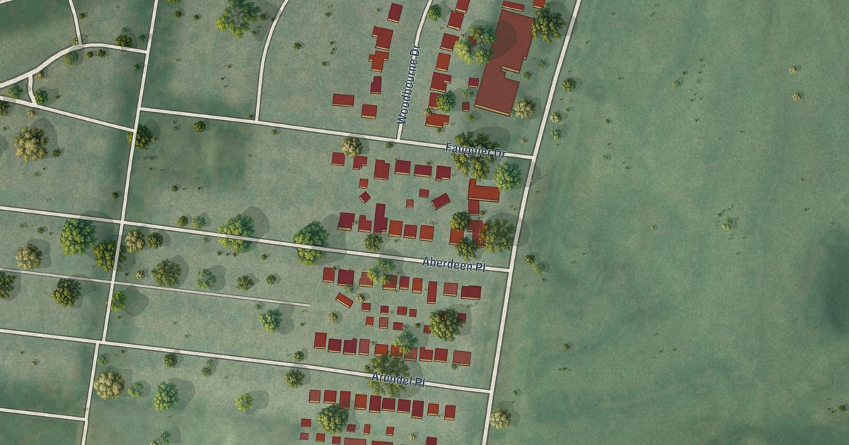 Close-up of streets and buildings in Wydown Skinker, Missouri