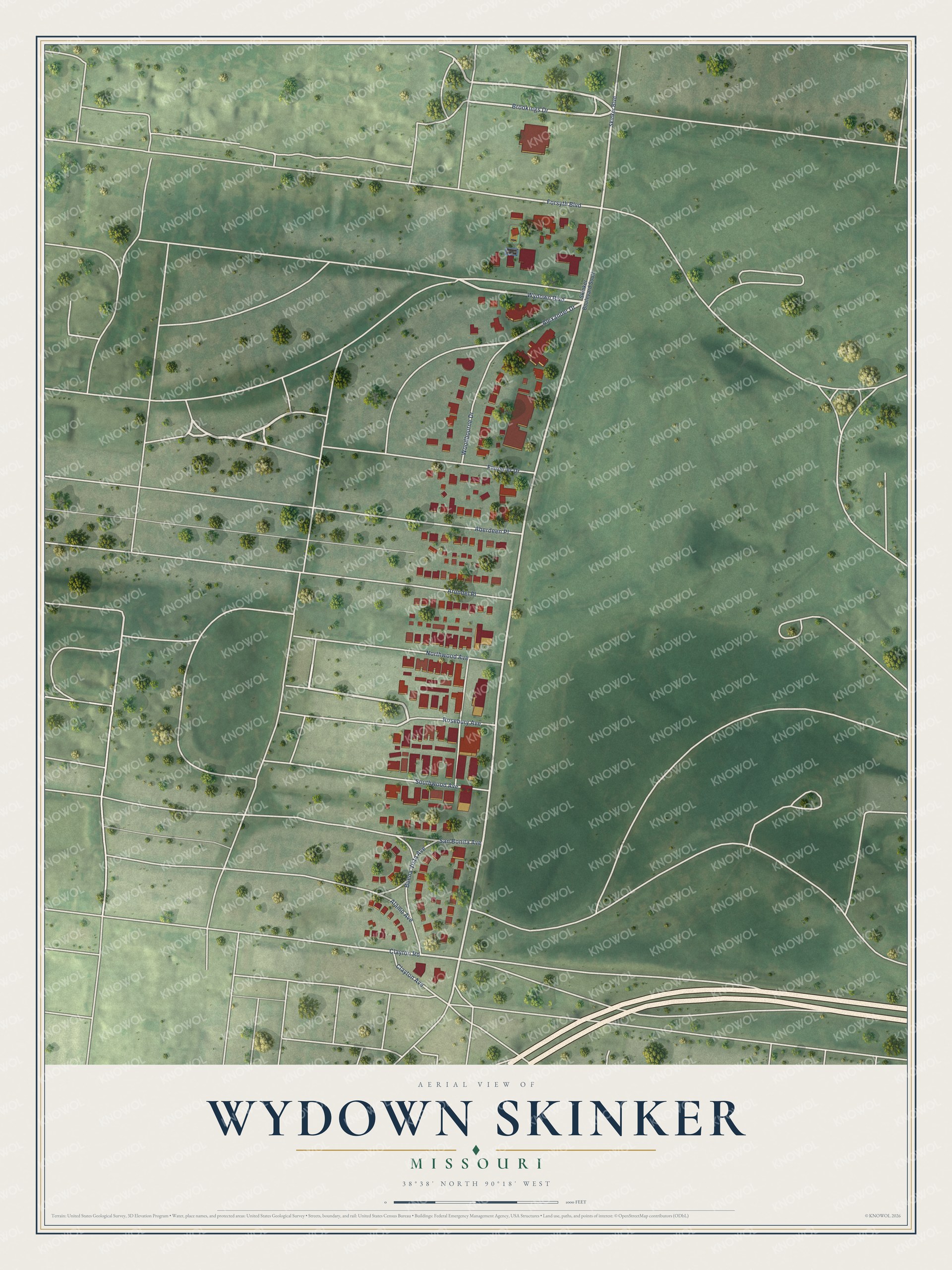 Full map of Wydown Skinker, Missouri, with red buildings, printed street names and the land around them