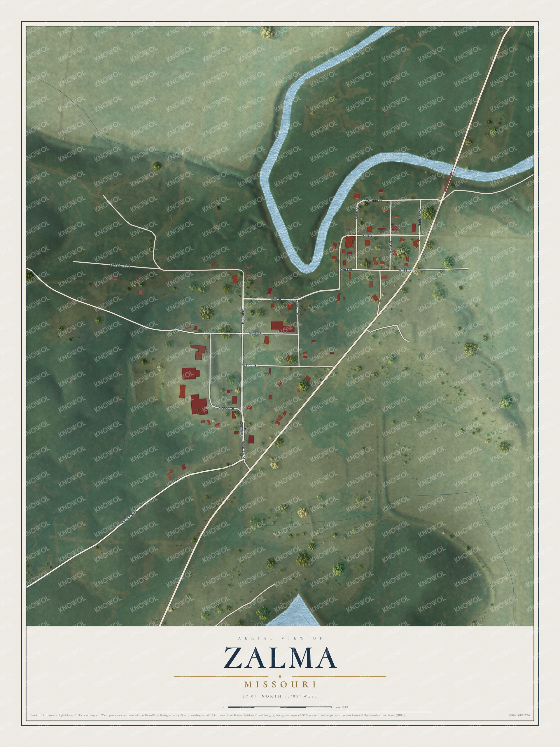 Full map of Zalma, Missouri, with red buildings, printed street names and the land around them