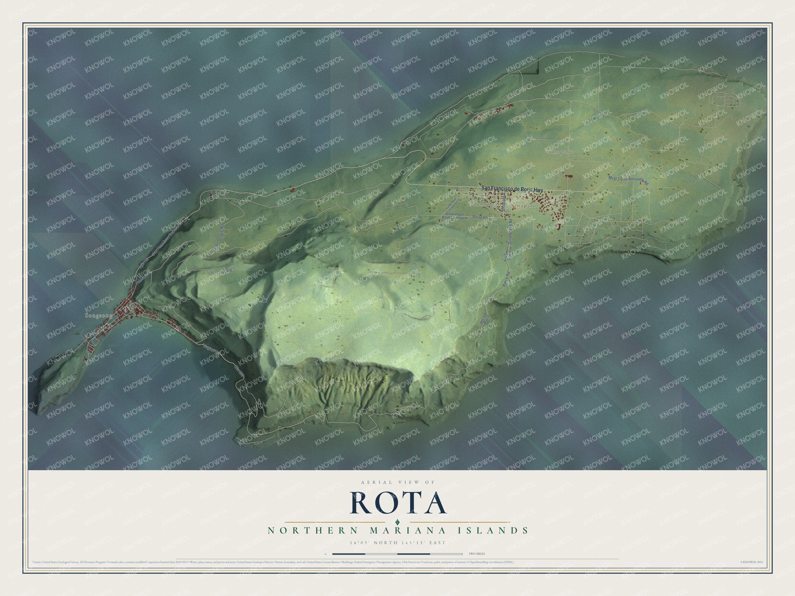 Full map of Rota, Northern Mariana Islands, with red buildings, printed street names and the land around them