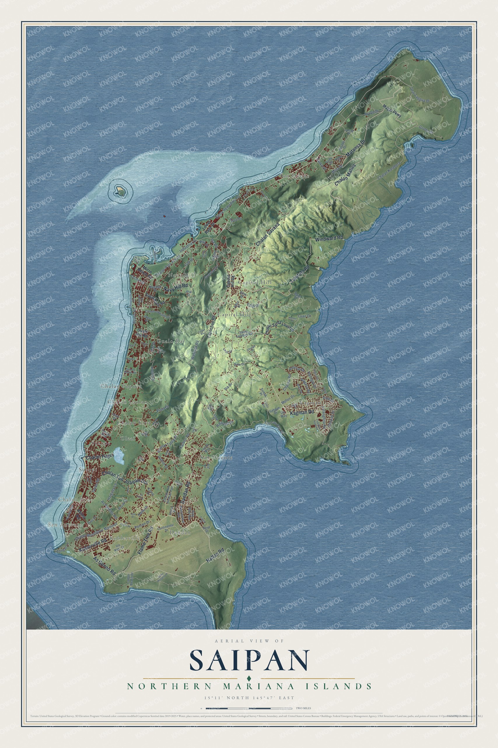 Full map of Saipan, Northern Mariana Islands, with red buildings, printed street names and the land around them
