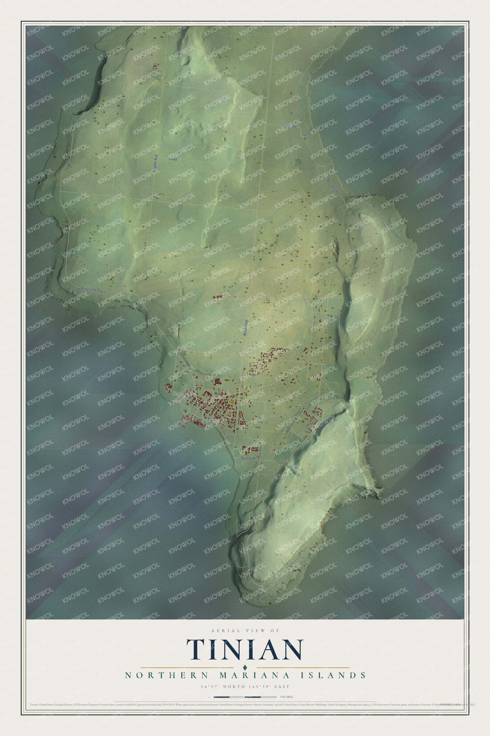 Full map of Tinian, Northern Mariana Islands, with red buildings, printed street names and the land around them