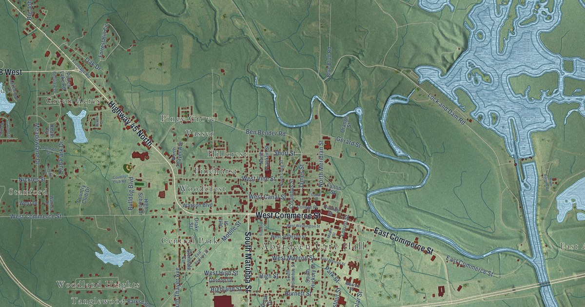 Map of Aberdeen, Mississippi in 2026