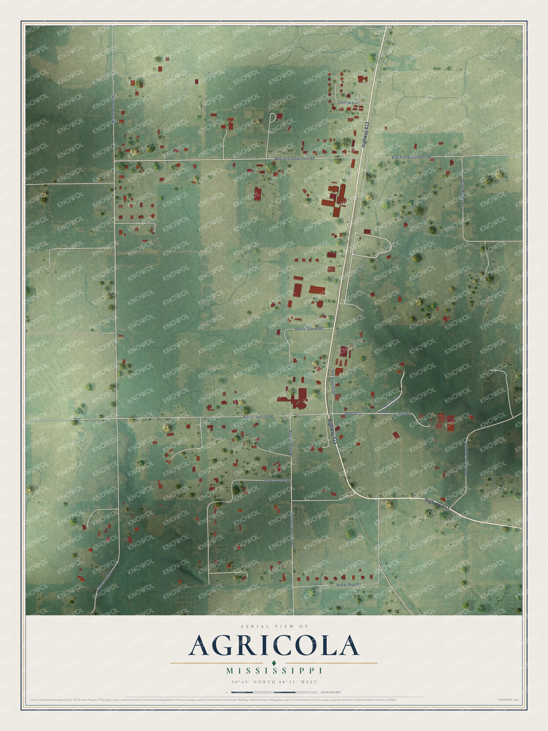 Full map of Agricola, Mississippi, with red buildings, printed street names and the land around them