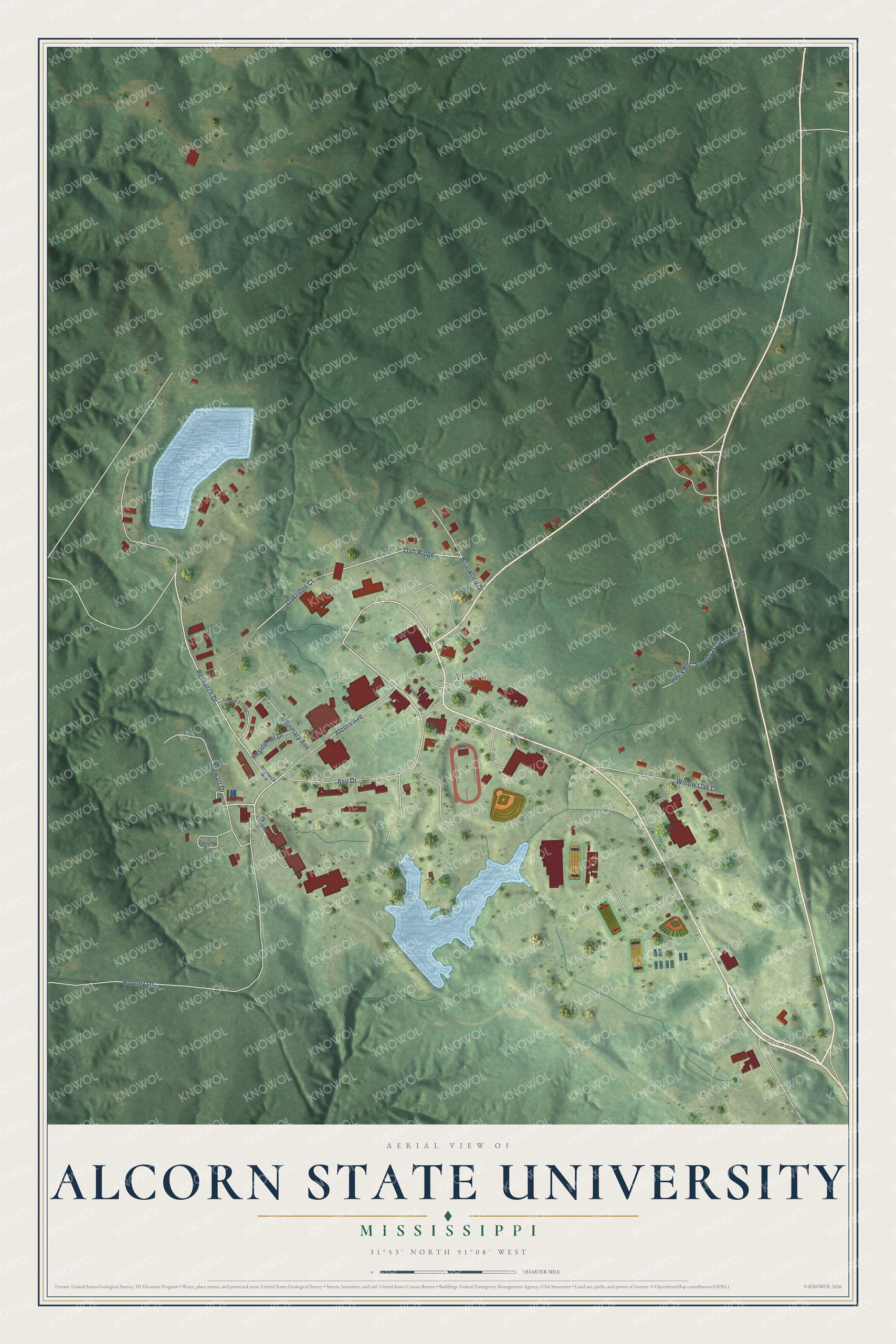 Full map of Alcorn State University, Mississippi, with red buildings, printed street names and the land around them