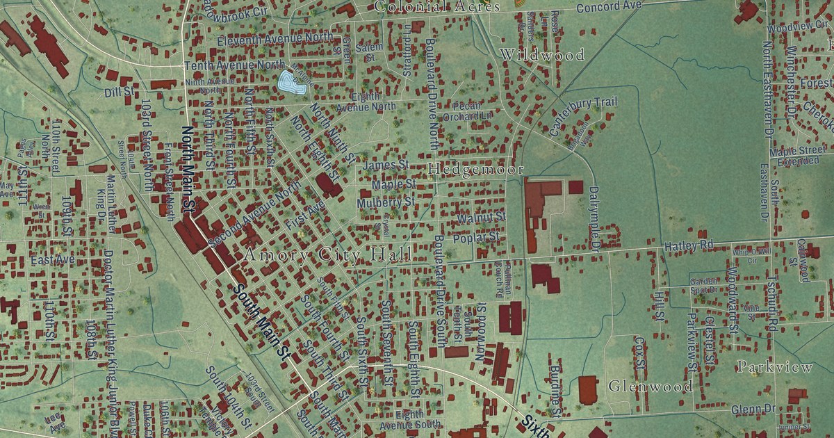 Map of Amory, Mississippi in 2026