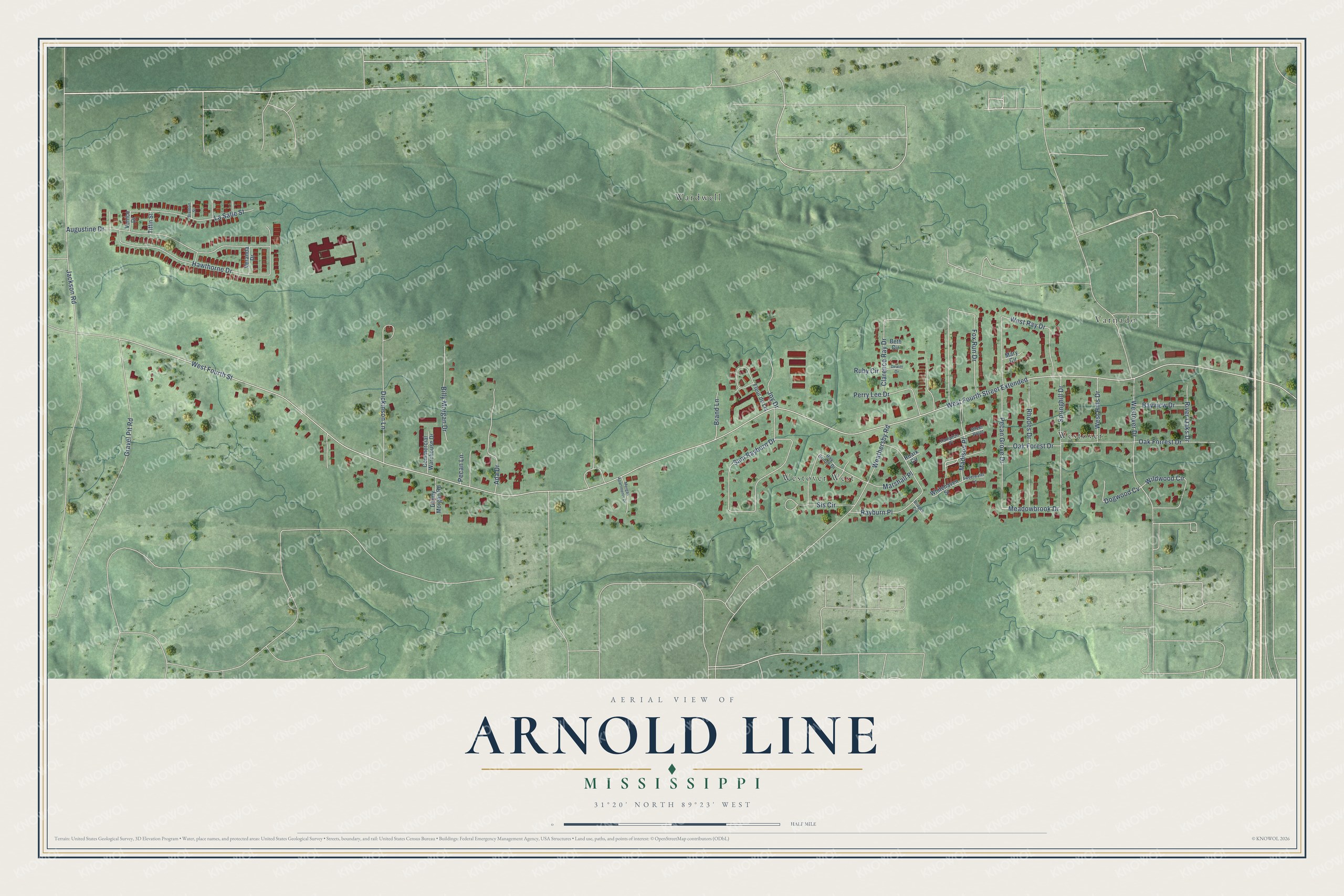 Full map of Arnold Line, Mississippi, with red buildings, printed street names and the land around them
