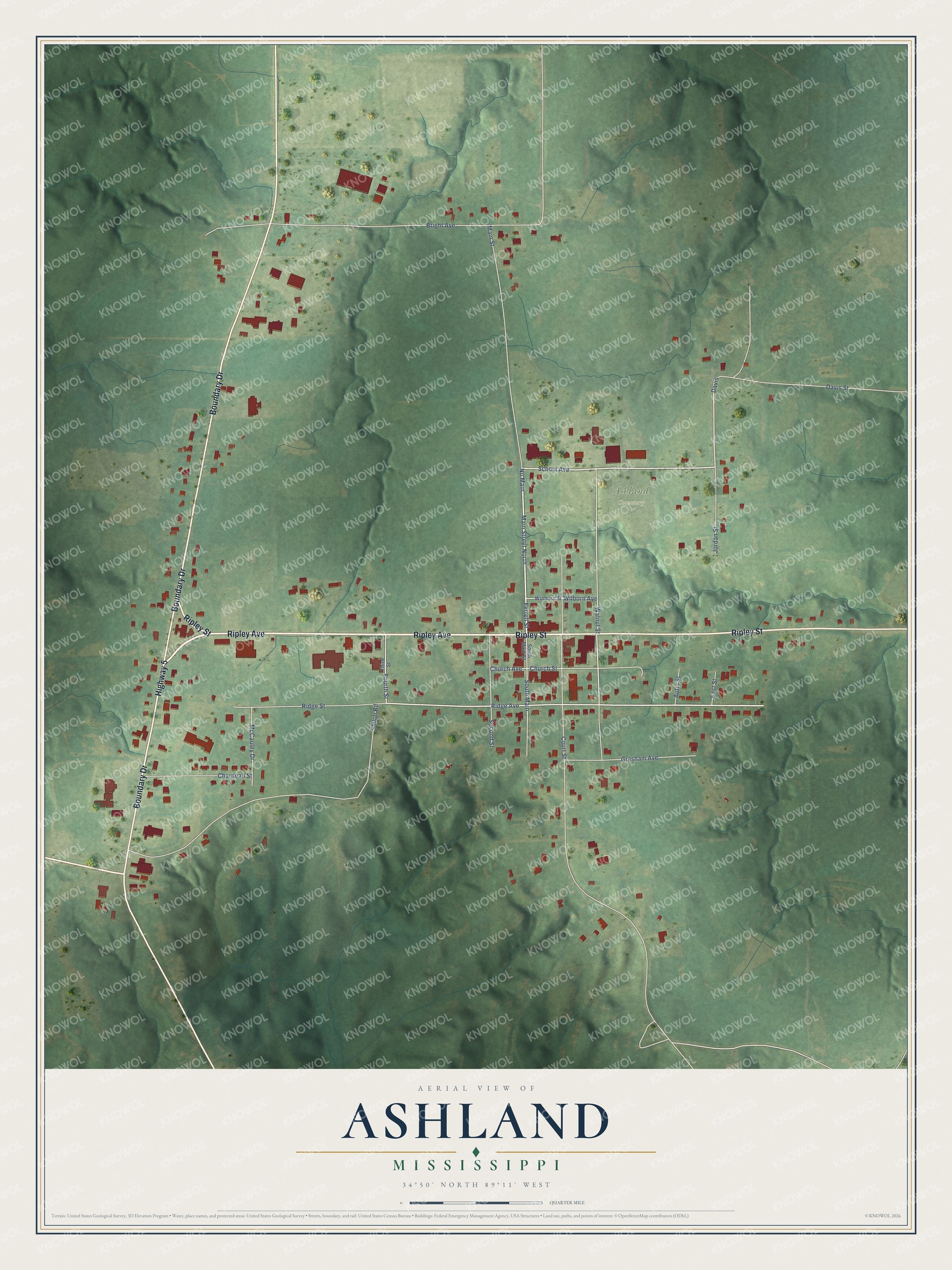 Full map of Ashland, Mississippi, with red buildings, printed street names and the land around them