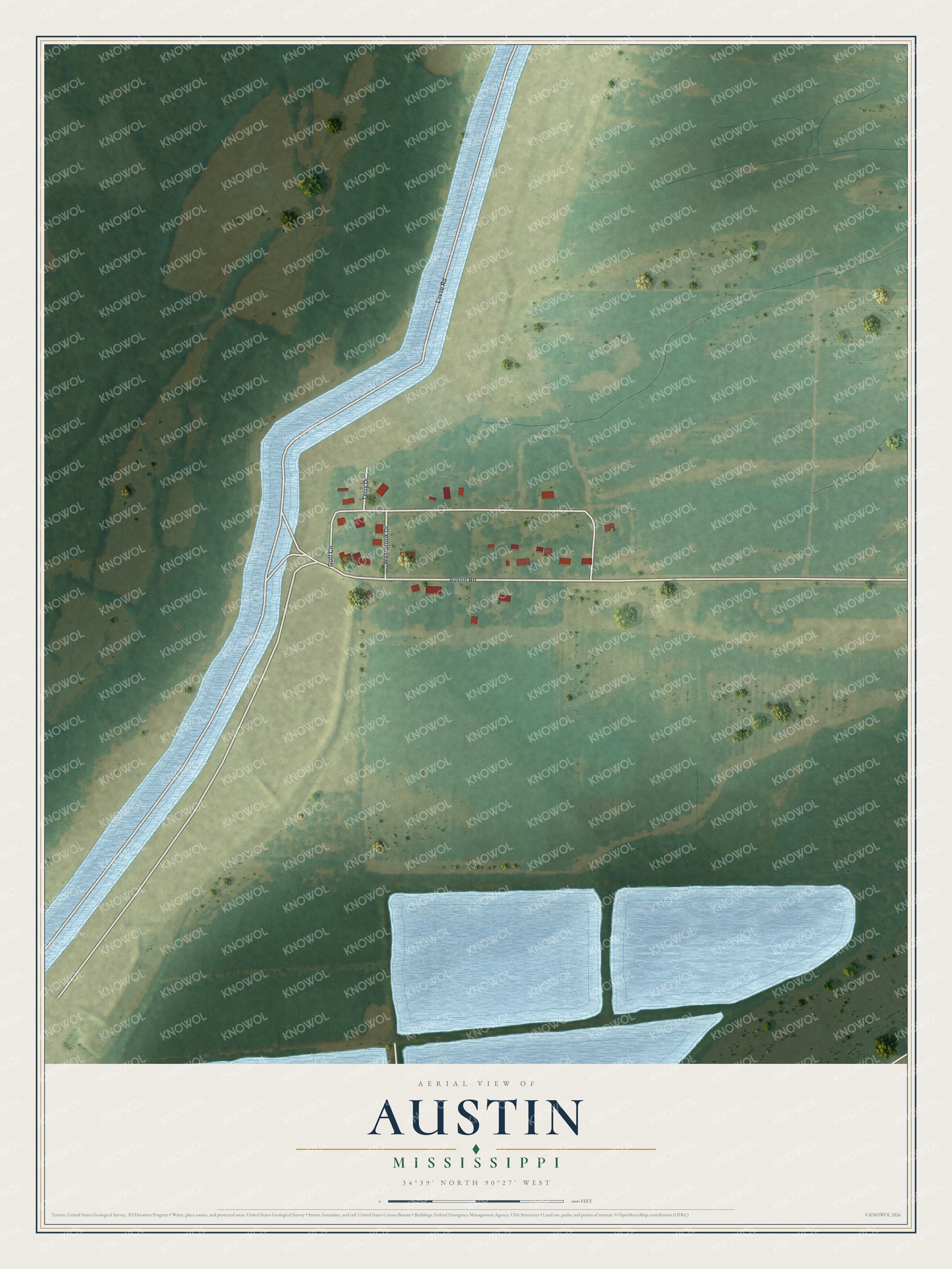Full map of Austin, Mississippi, with red buildings, printed street names and the land around them