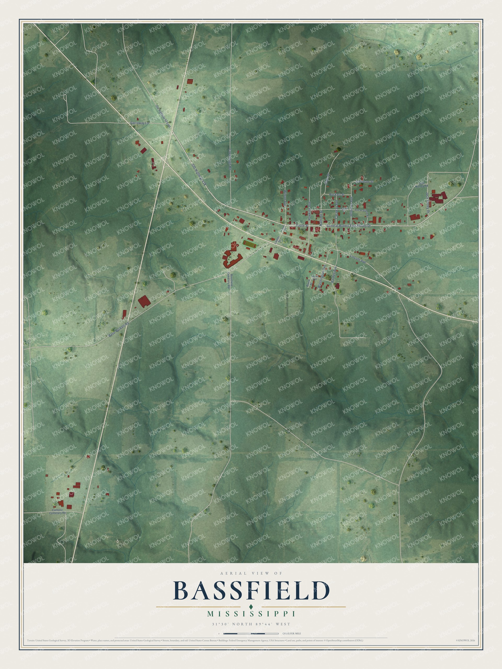 Full map of Bassfield, Mississippi, with red buildings, printed street names and the land around them