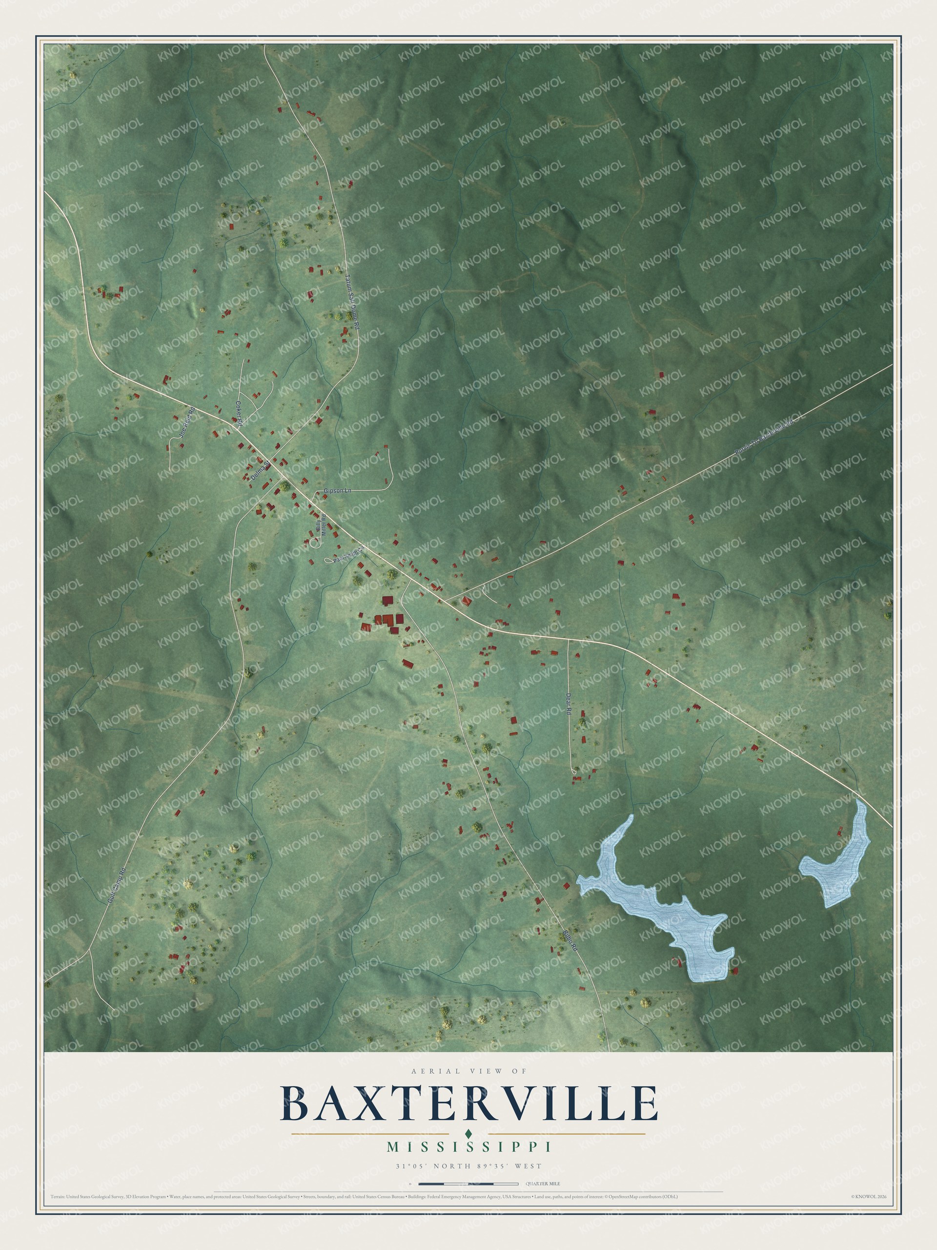 Full map of Baxterville, Mississippi, with red buildings, printed street names and the land around them