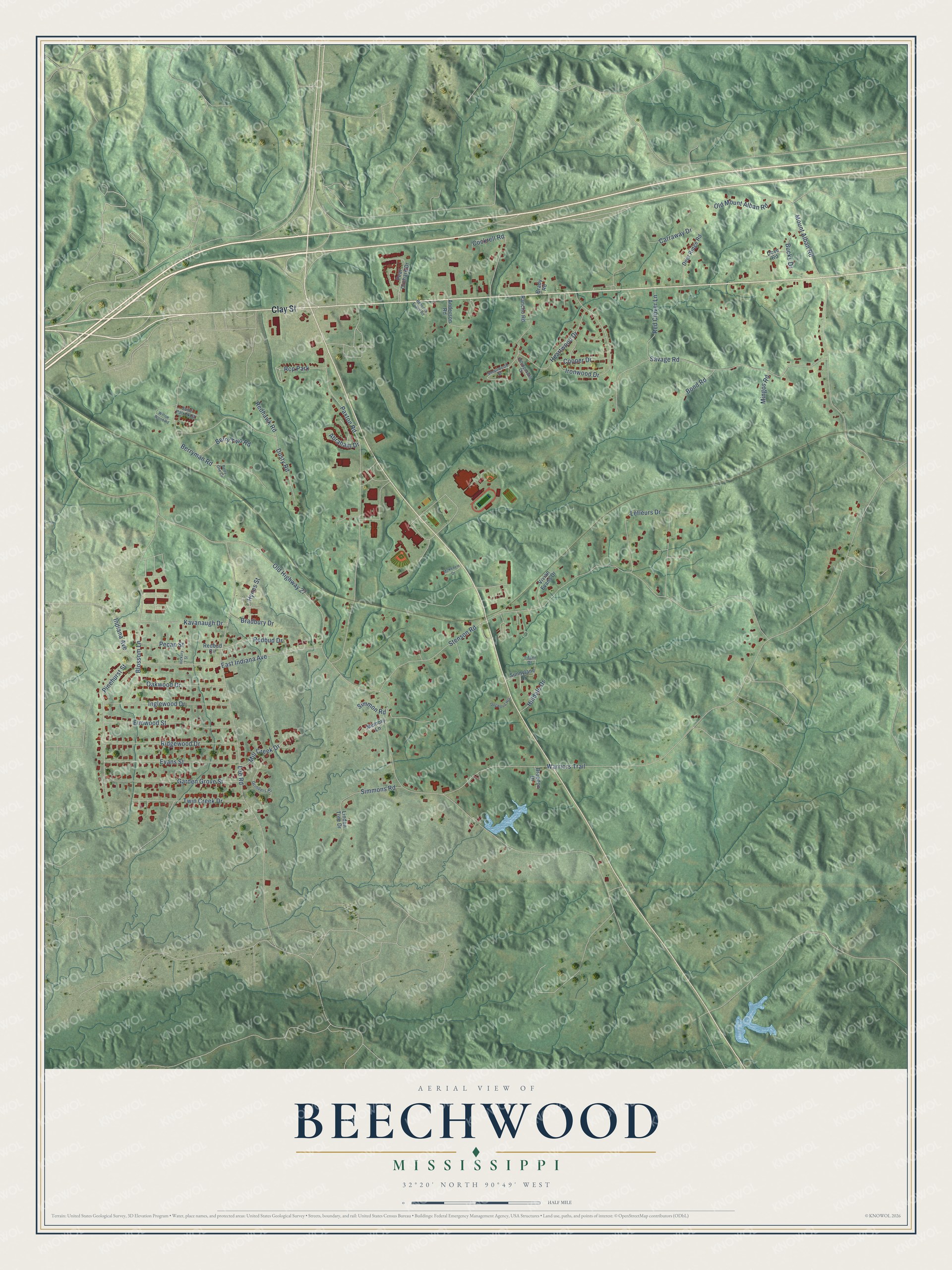 Full map of Beechwood, Mississippi, with red buildings, printed street names and the land around them