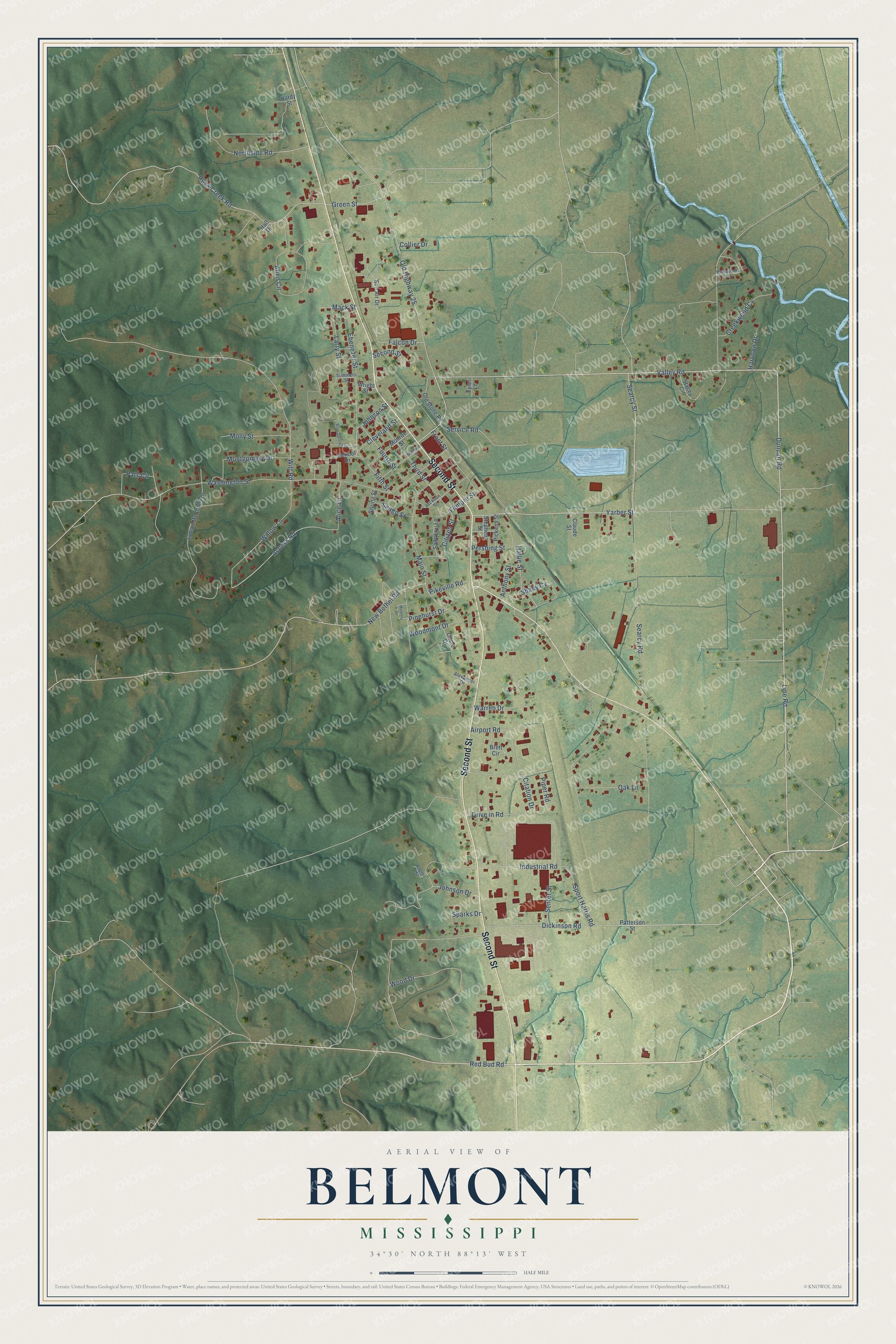 Full map of Belmont, Mississippi, with red buildings, printed street names and the land around them