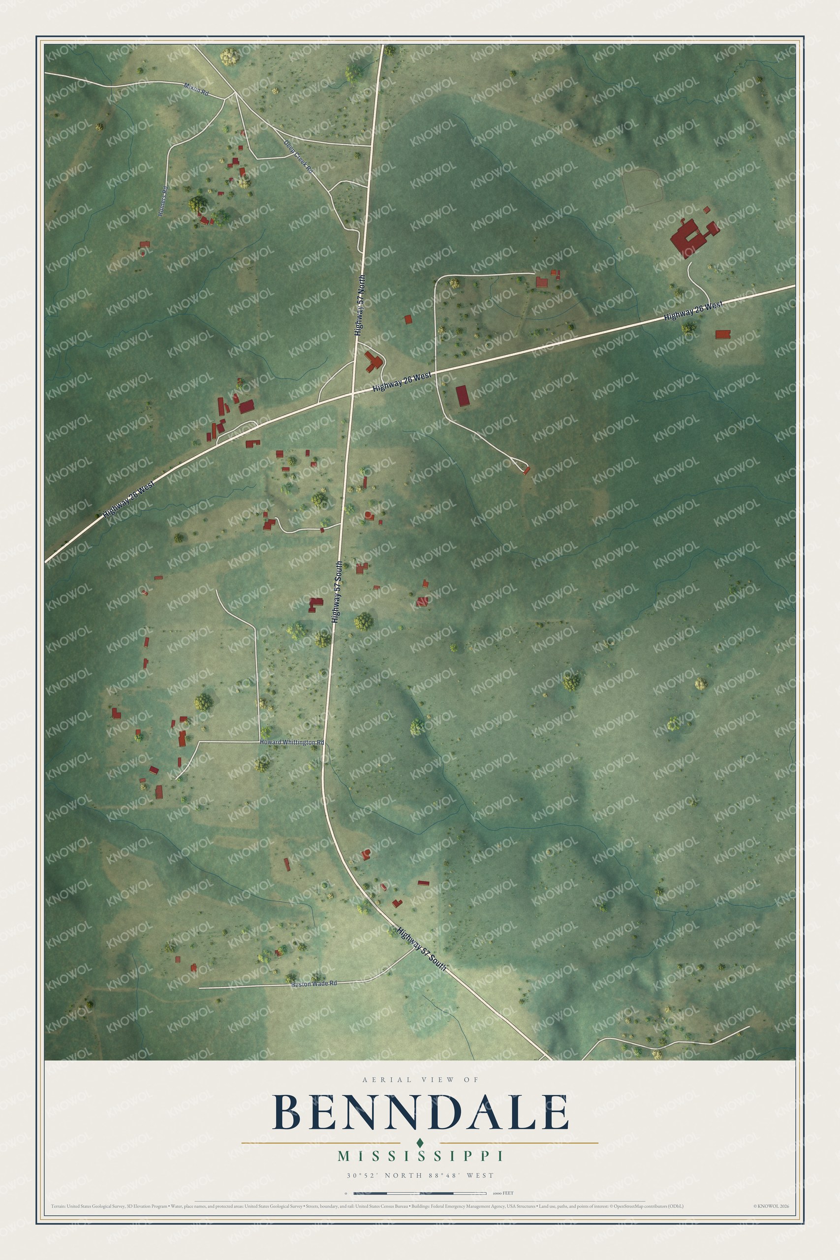Full map of Benndale, Mississippi, with red buildings, printed street names and the land around them