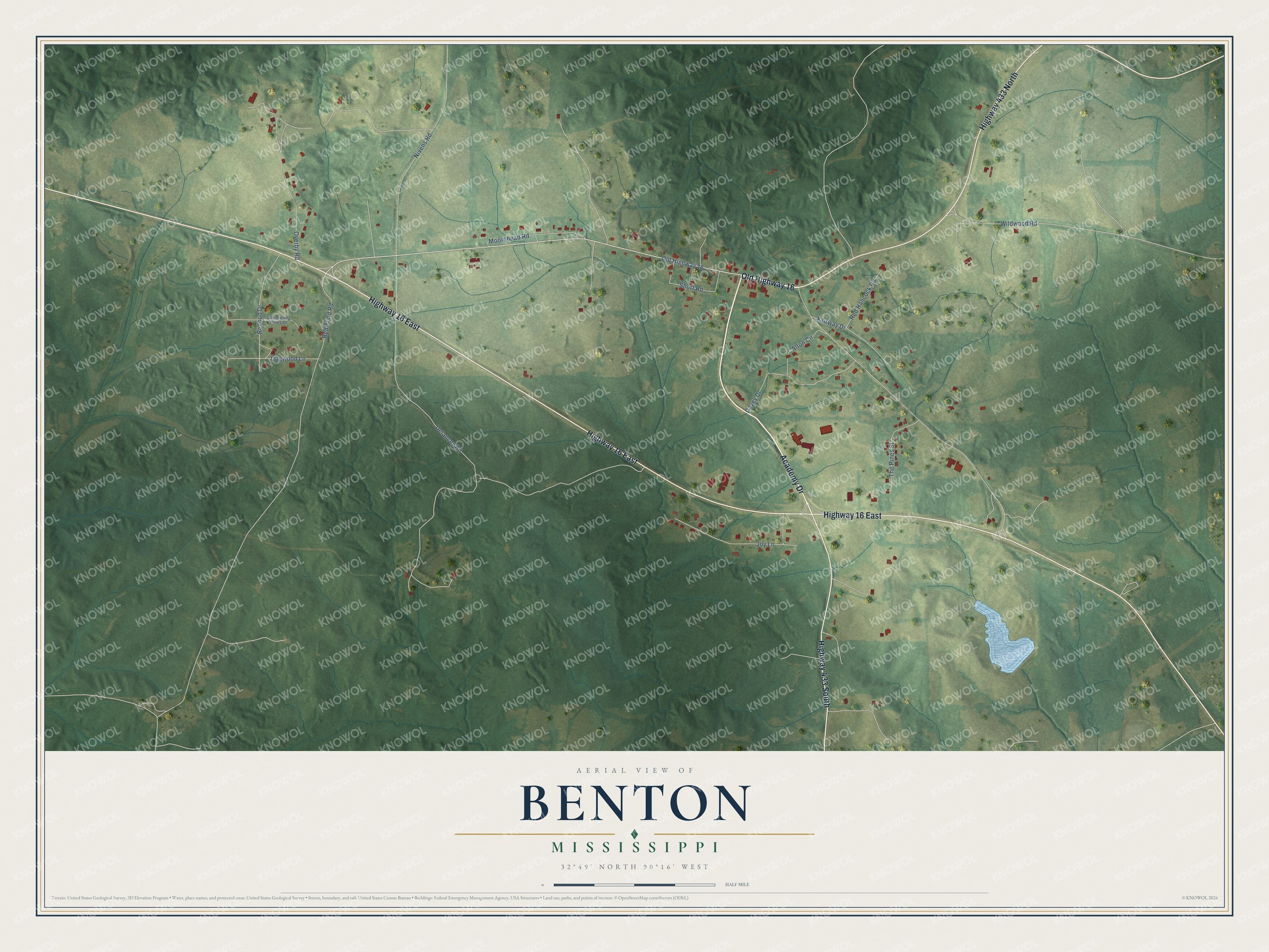 Full map of Benton, Mississippi, with red buildings, printed street names and the land around them