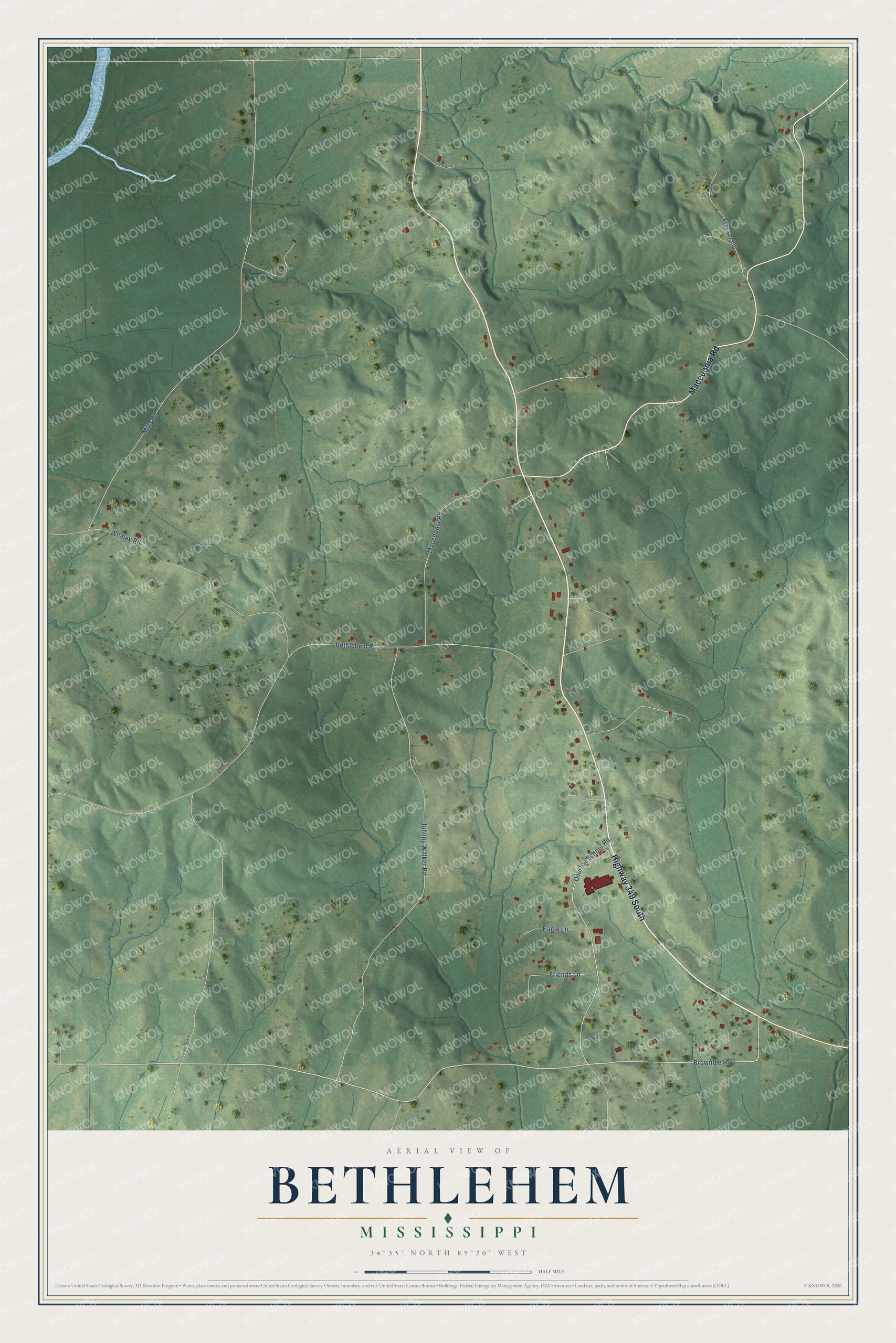 Full map of Bethlehem, Mississippi, with red buildings, printed street names and the land around them