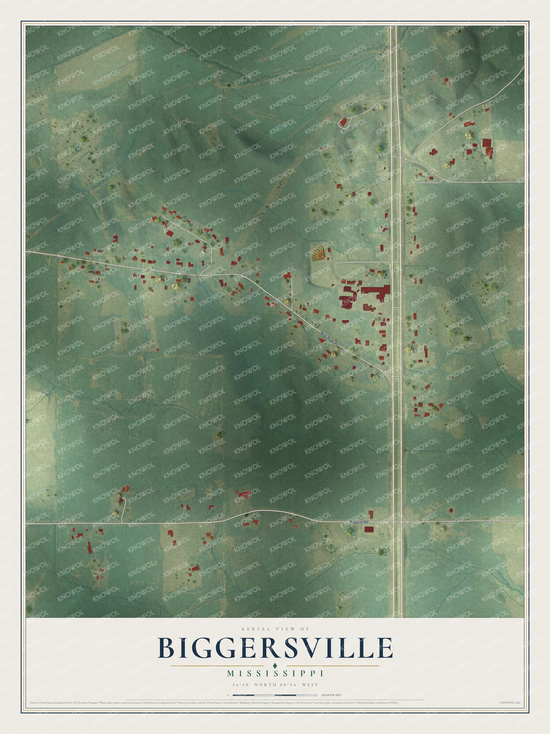 Full map of Biggersville, Mississippi, with red buildings, printed street names and the land around them
