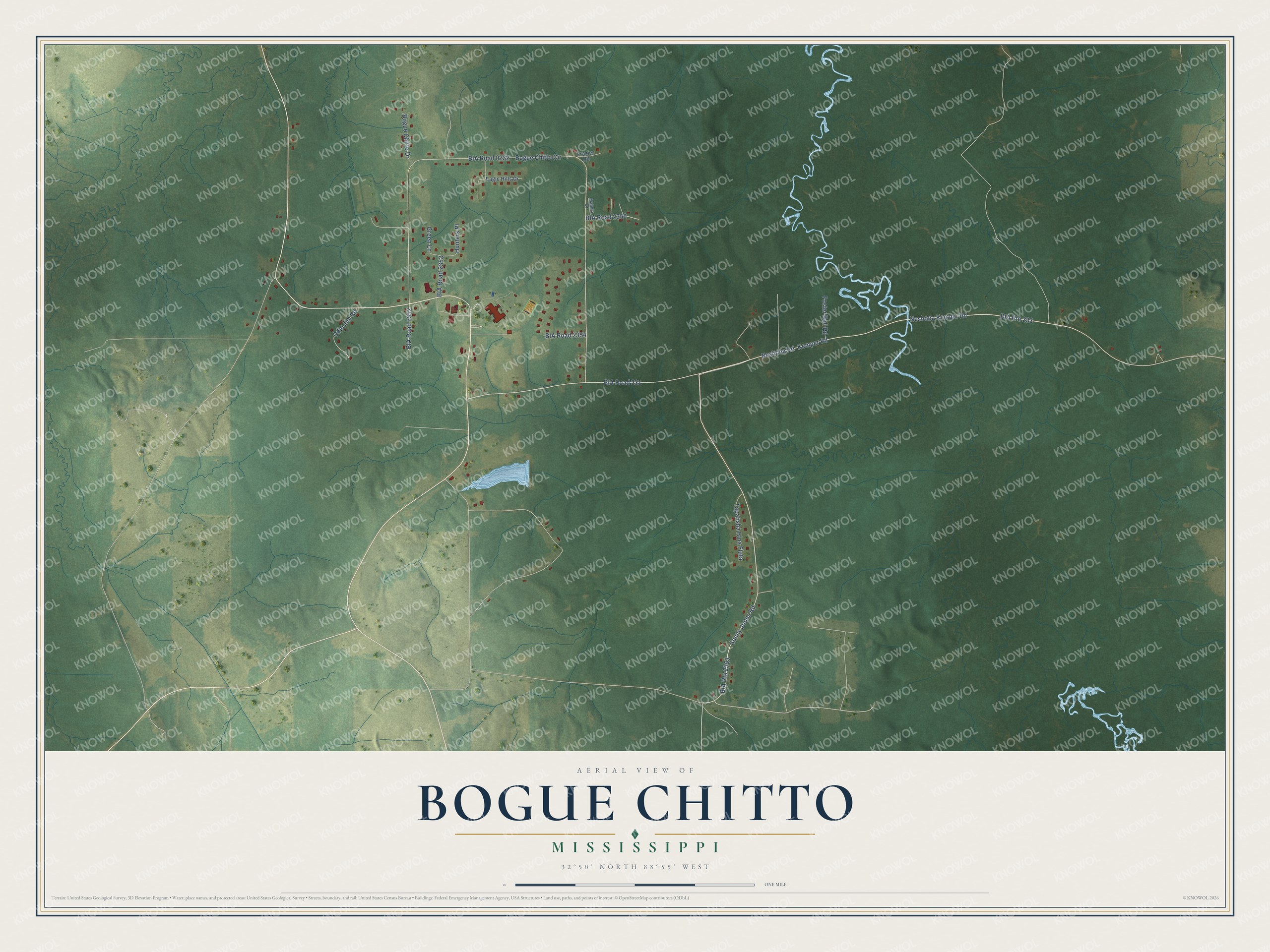 Full map of Bogue Chitto, Mississippi, with red buildings, printed street names and the land around them