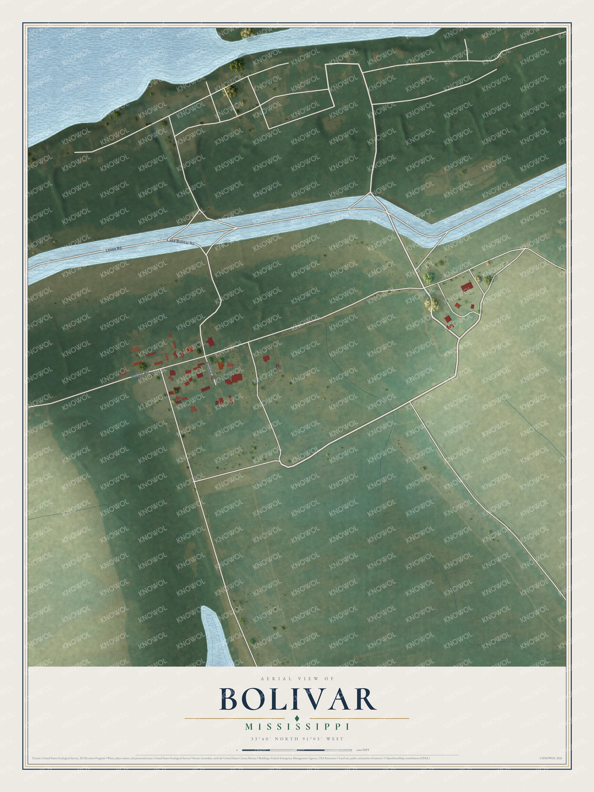 Full map of Bolivar, Mississippi, with red buildings, printed street names and the land around them