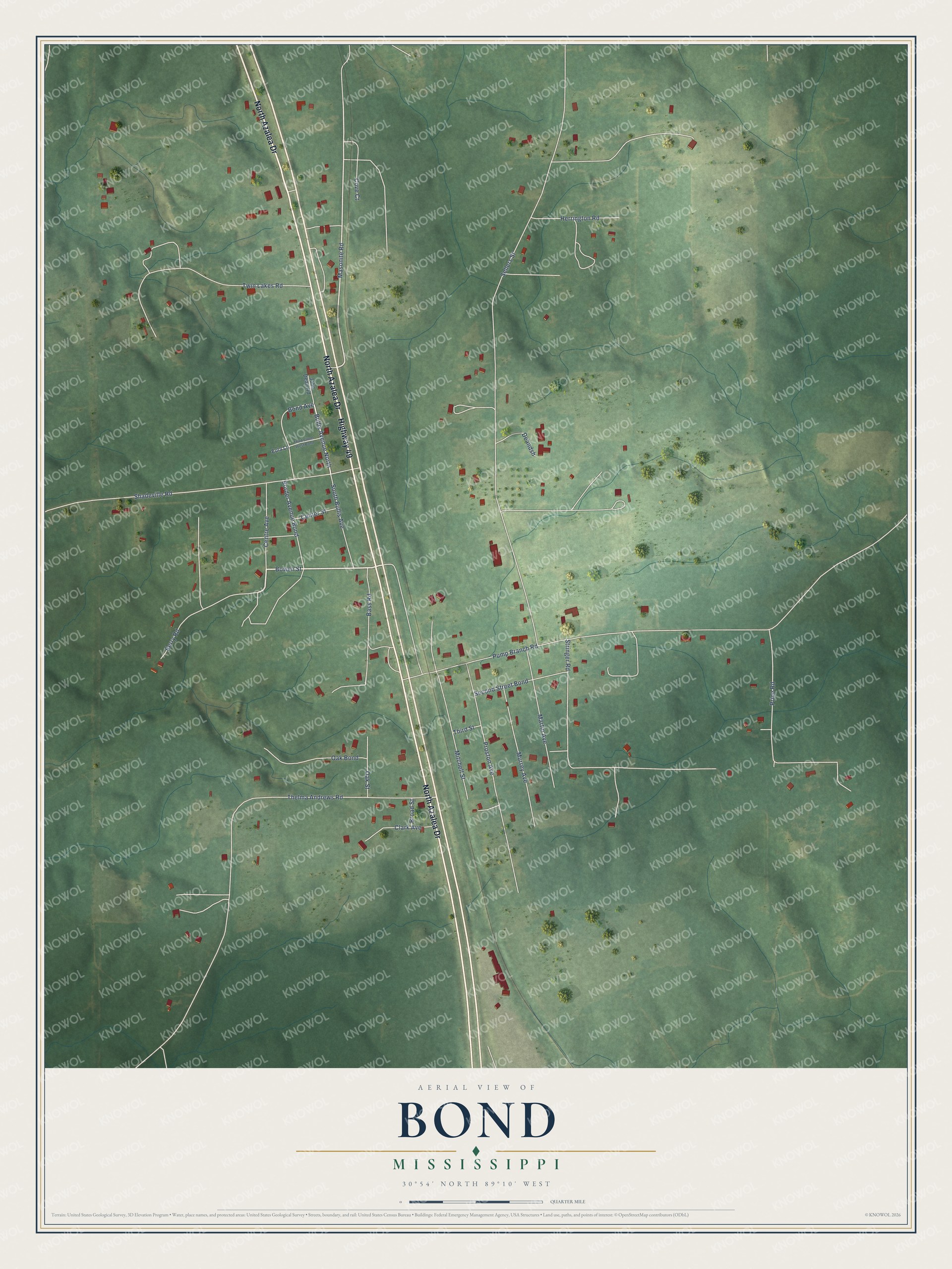 Full map of Bond, Mississippi, with red buildings, printed street names and the land around them