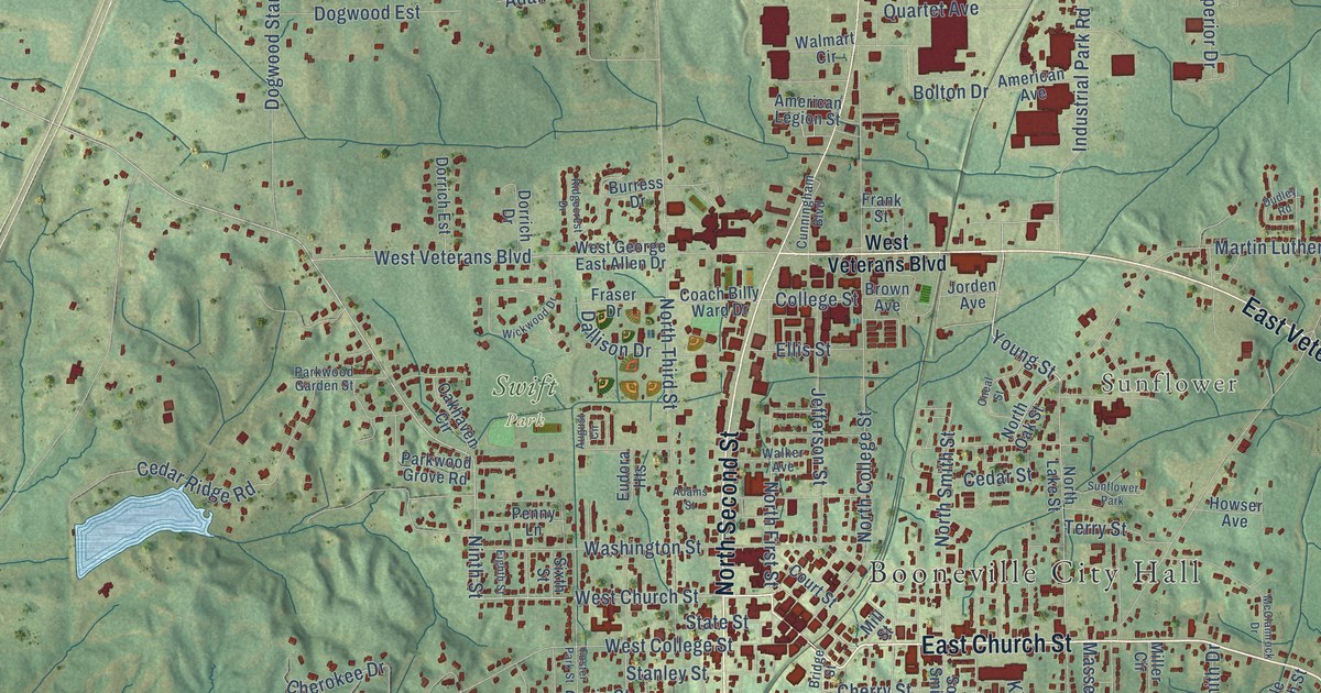 Map of Booneville, Mississippi in 2026