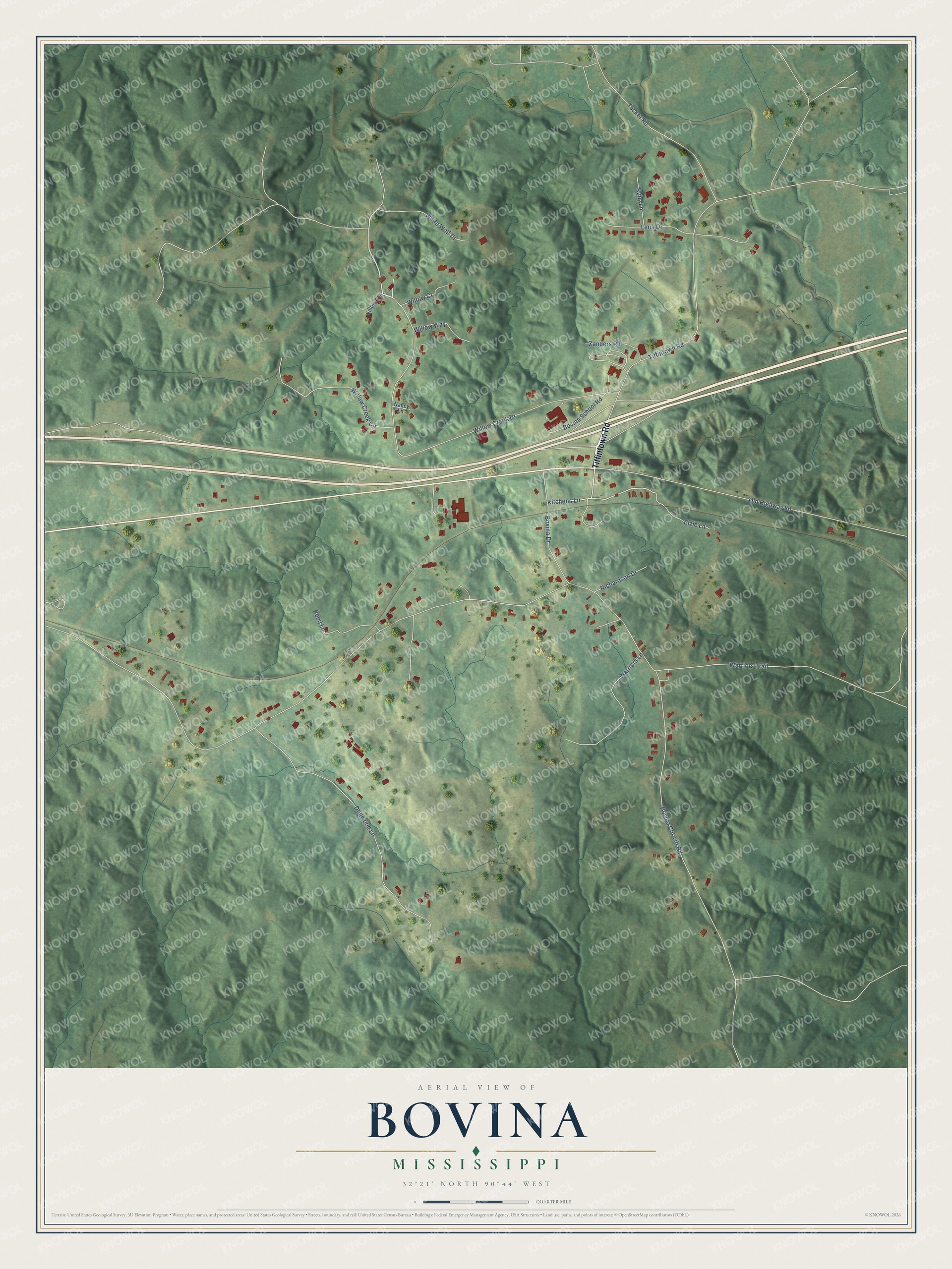 Full map of Bovina, Mississippi, with red buildings, printed street names and the land around them