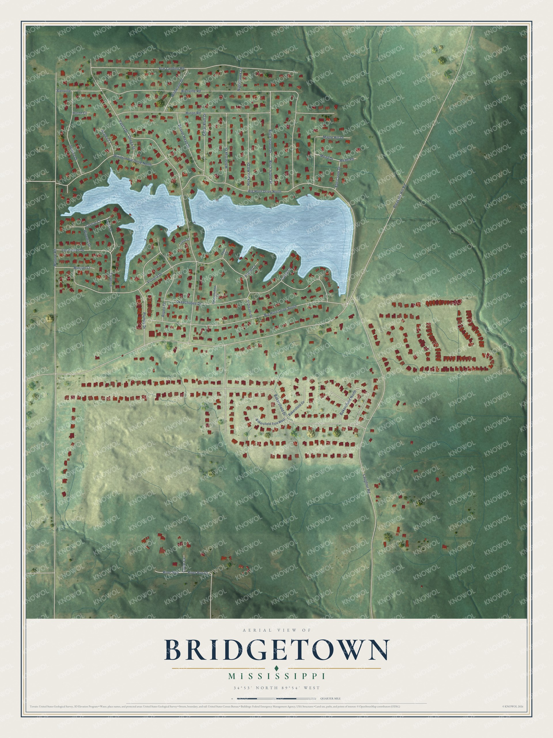 Full map of Bridgetown, Mississippi, with red buildings, printed street names and the land around them