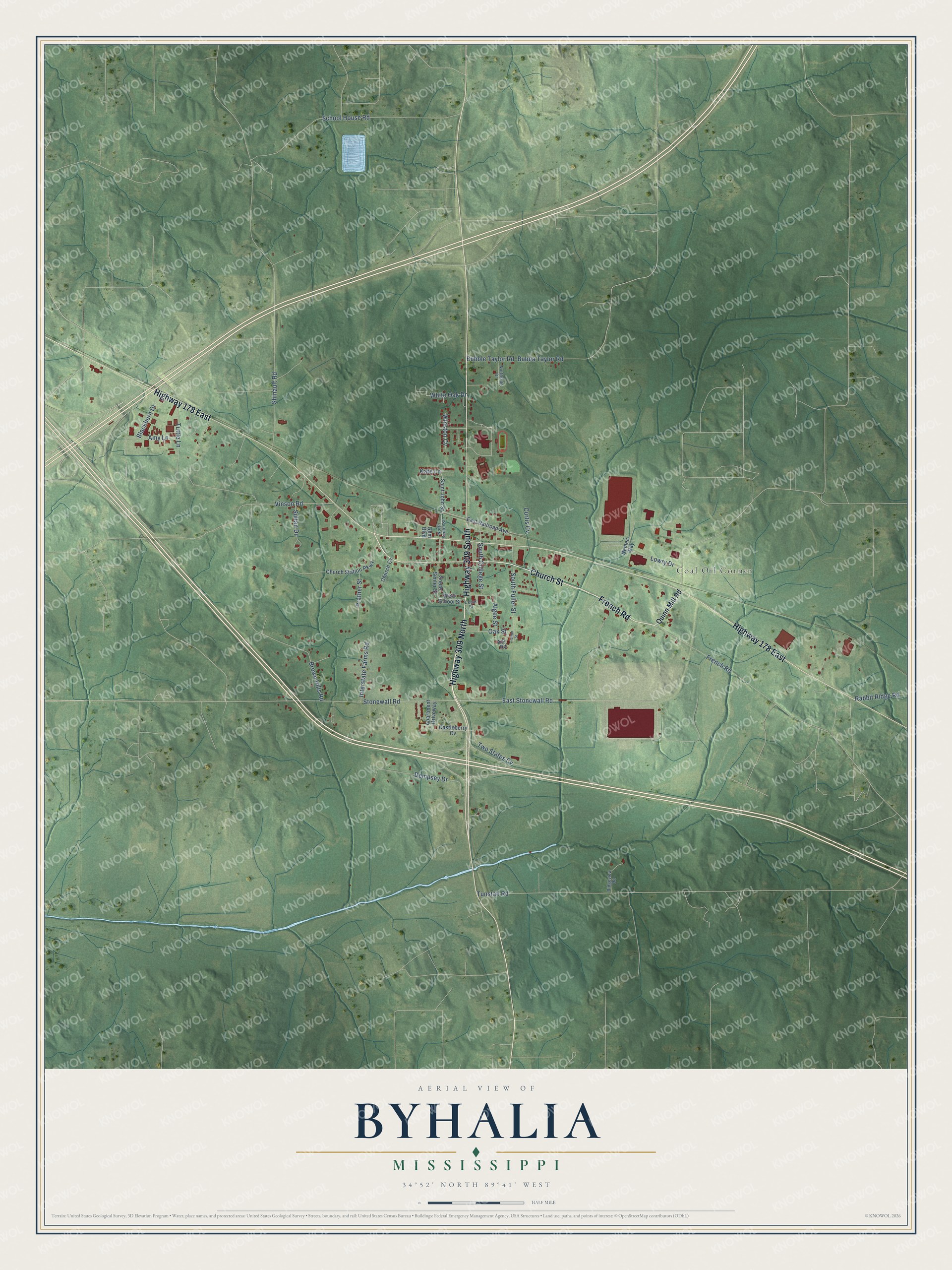 Full map of Byhalia, Mississippi, with red buildings, printed street names and the land around them
