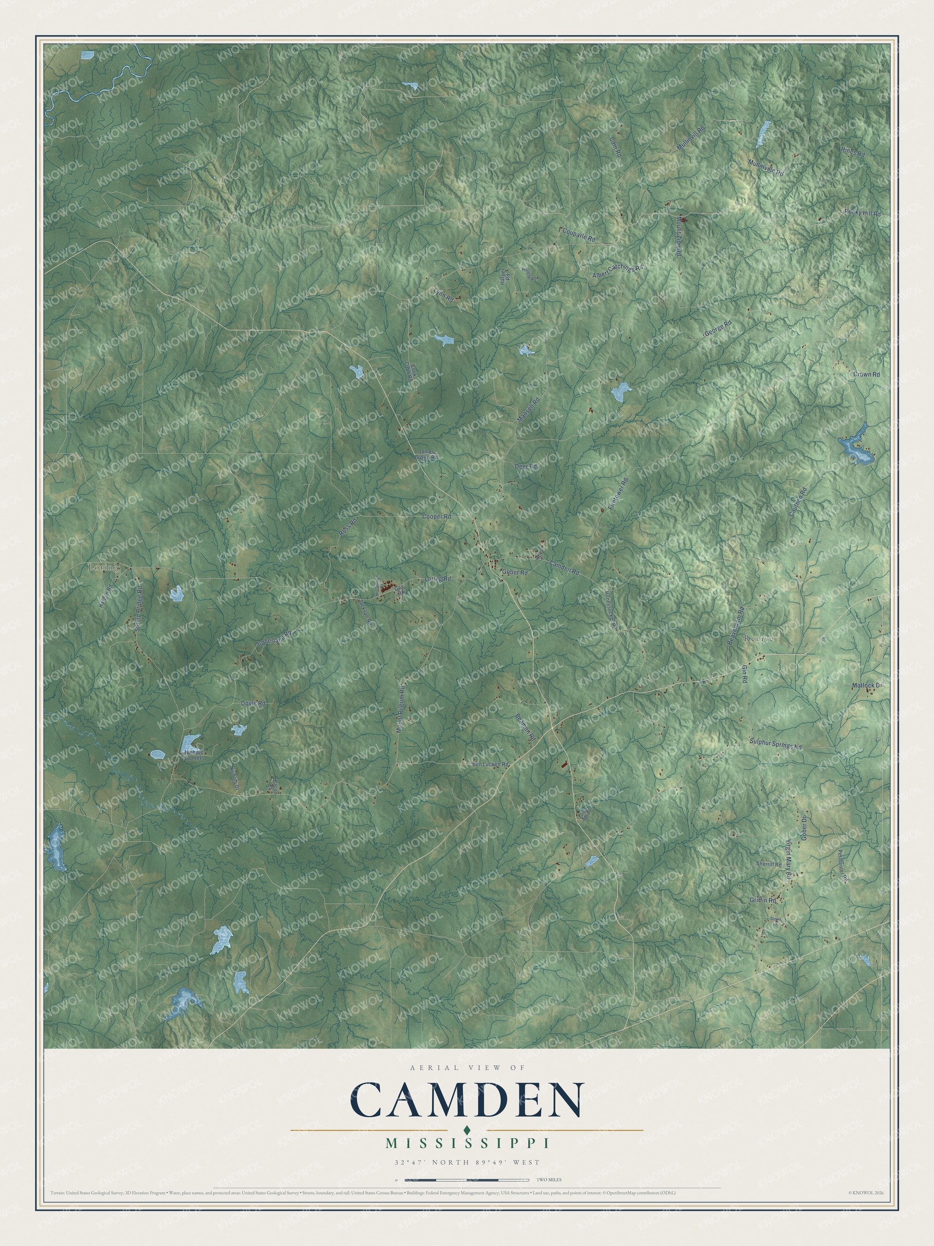 Full map of Camden, Mississippi, with red buildings, printed street names and the land around them