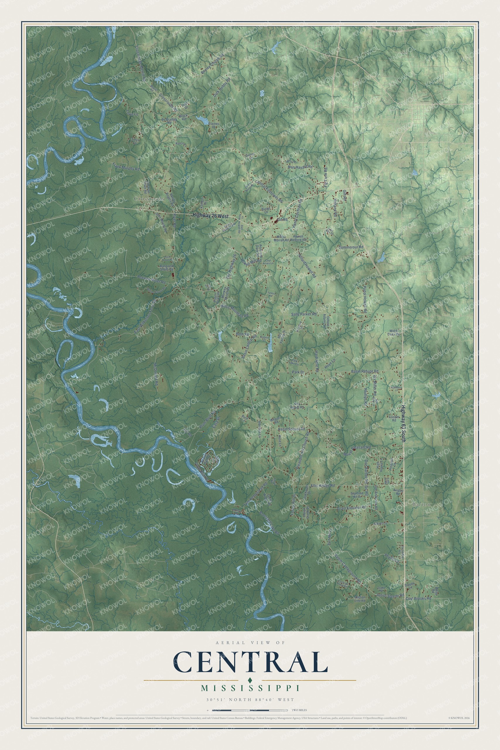 Full map of Central, Mississippi, with red buildings, printed street names and the land around them