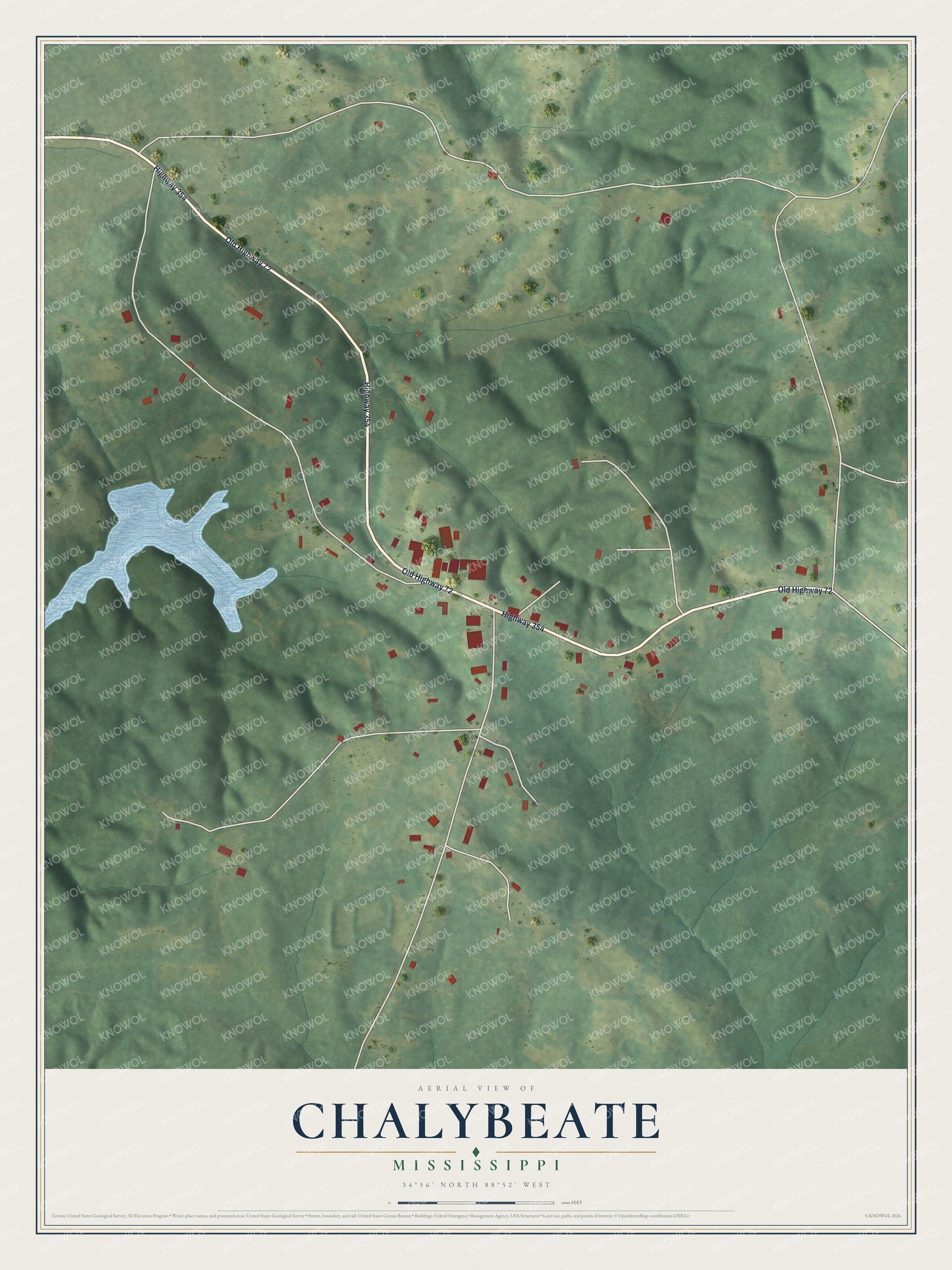 Full map of Chalybeate, Mississippi, with red buildings, printed street names and the land around them