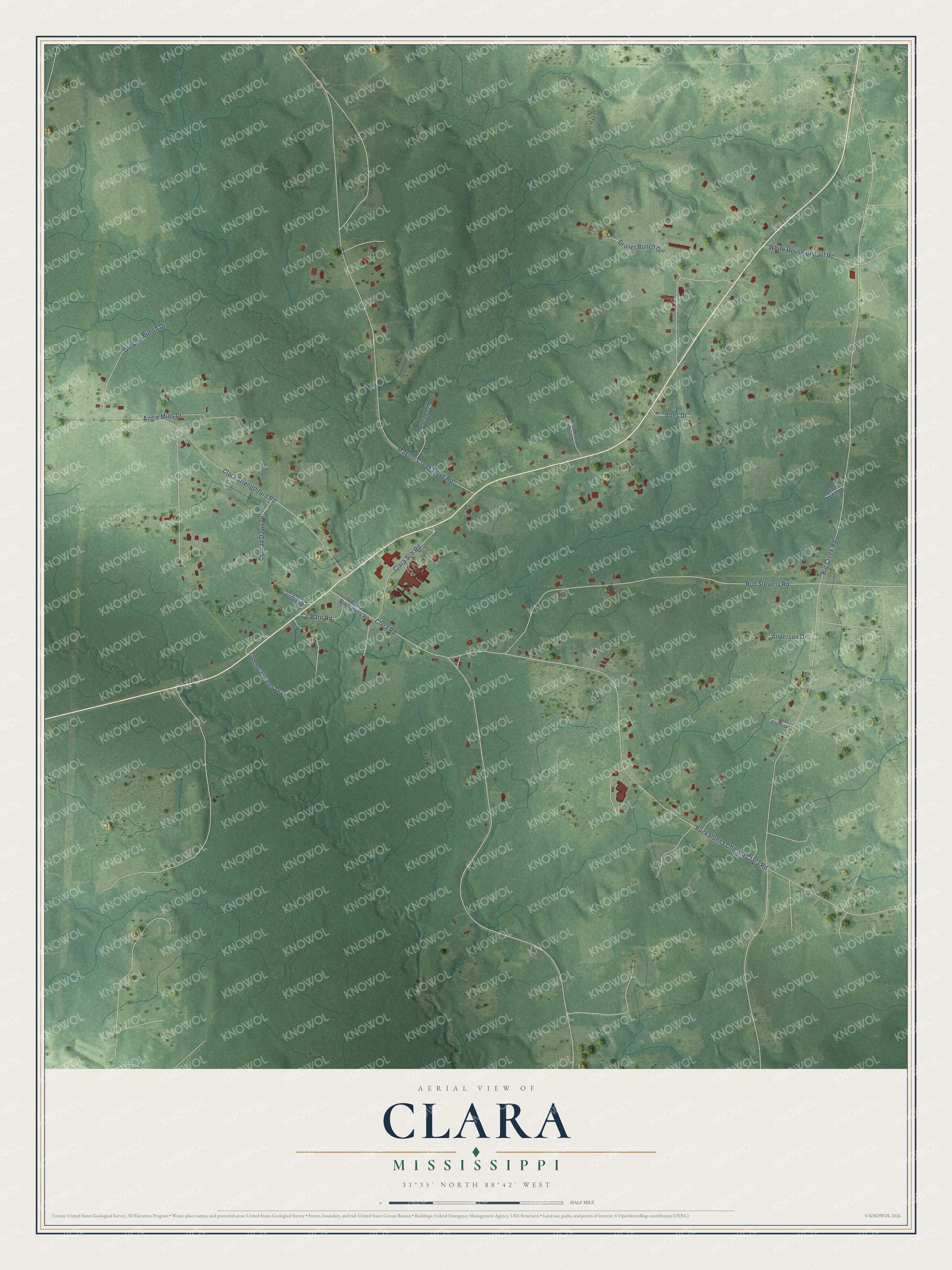Full map of Clara, Mississippi, with red buildings, printed street names and the land around them