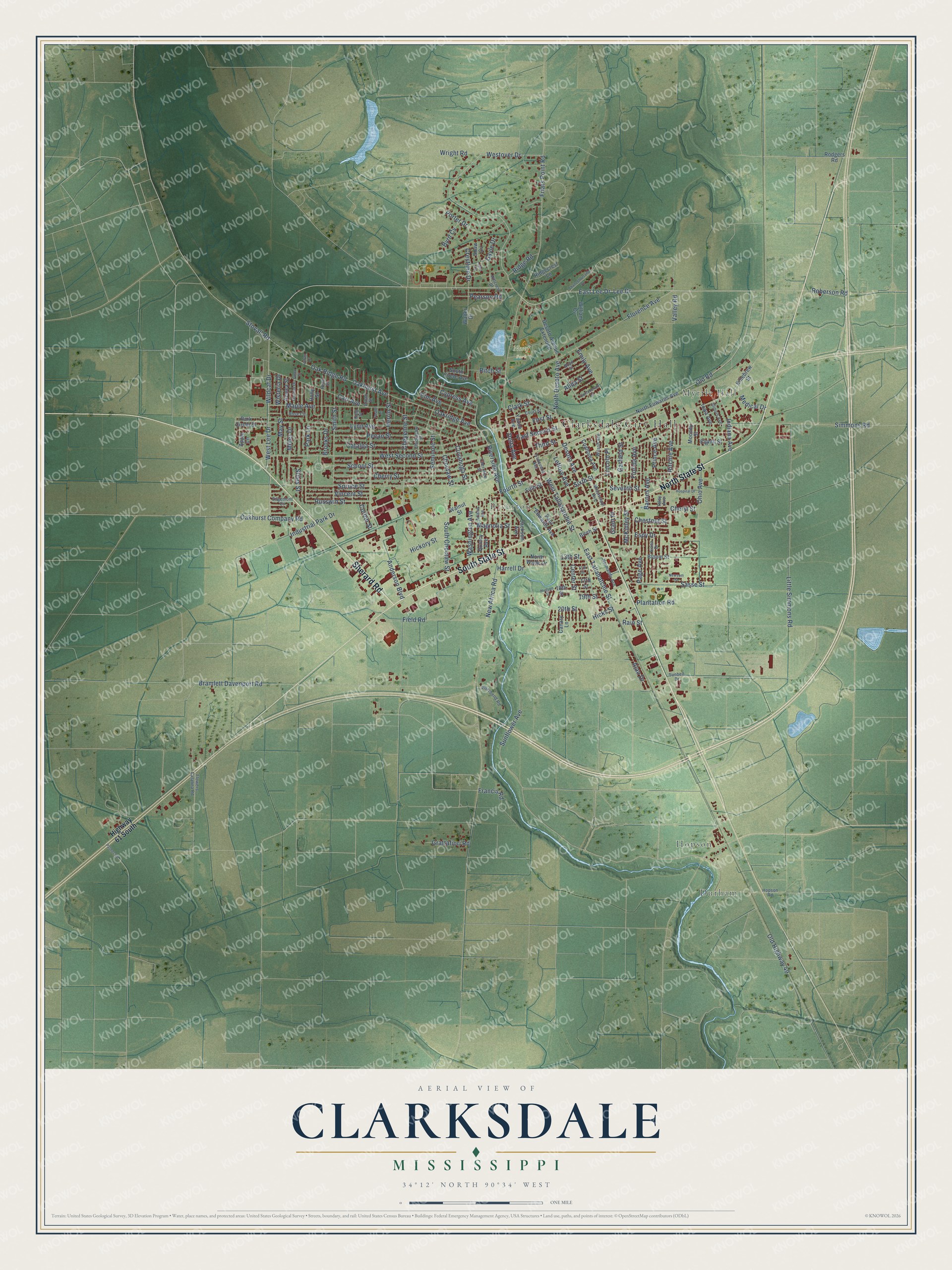 Full map of Clarksdale, Mississippi, with red buildings, printed street names and the land around them