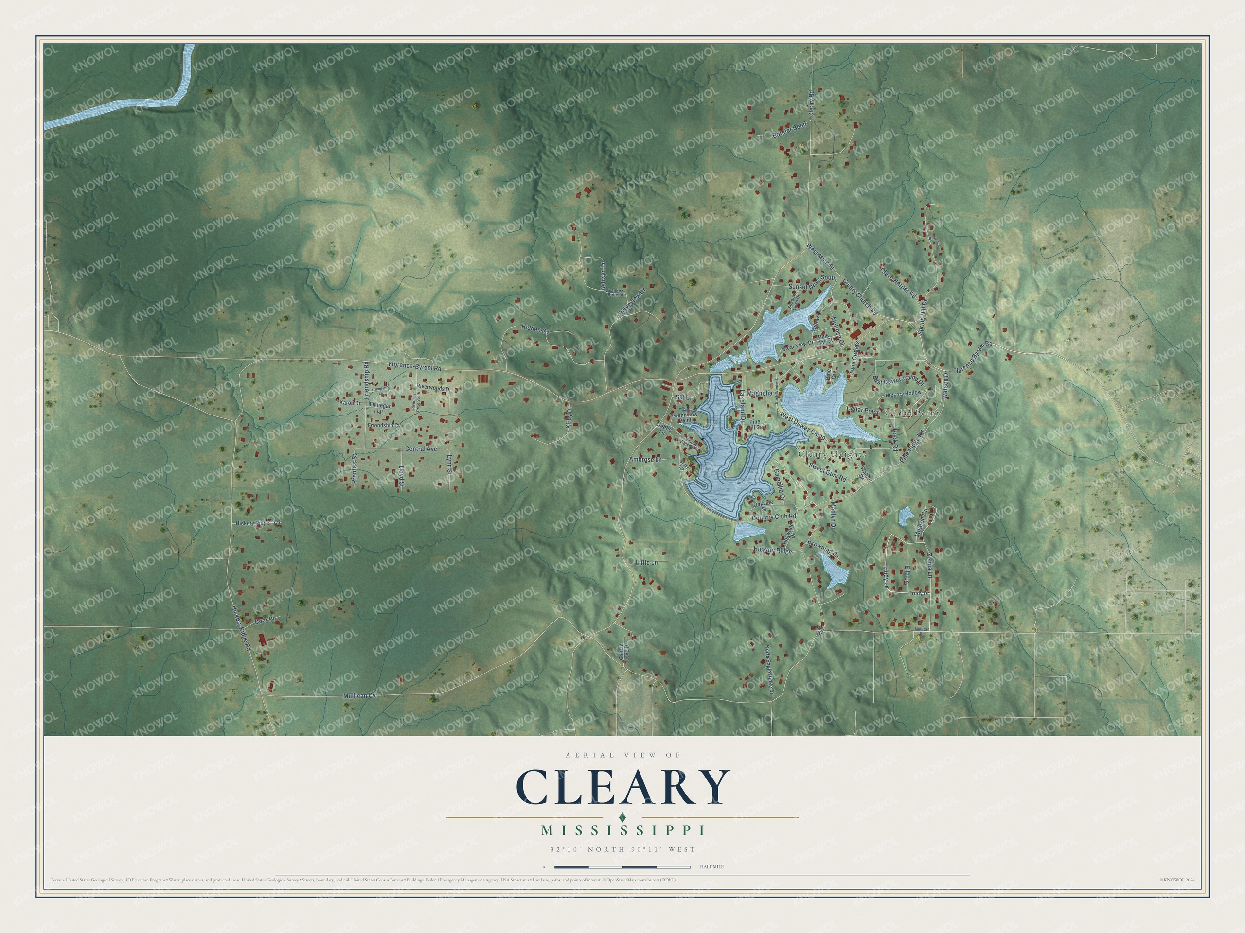 Full map of Cleary, Mississippi, with red buildings, printed street names and the land around them