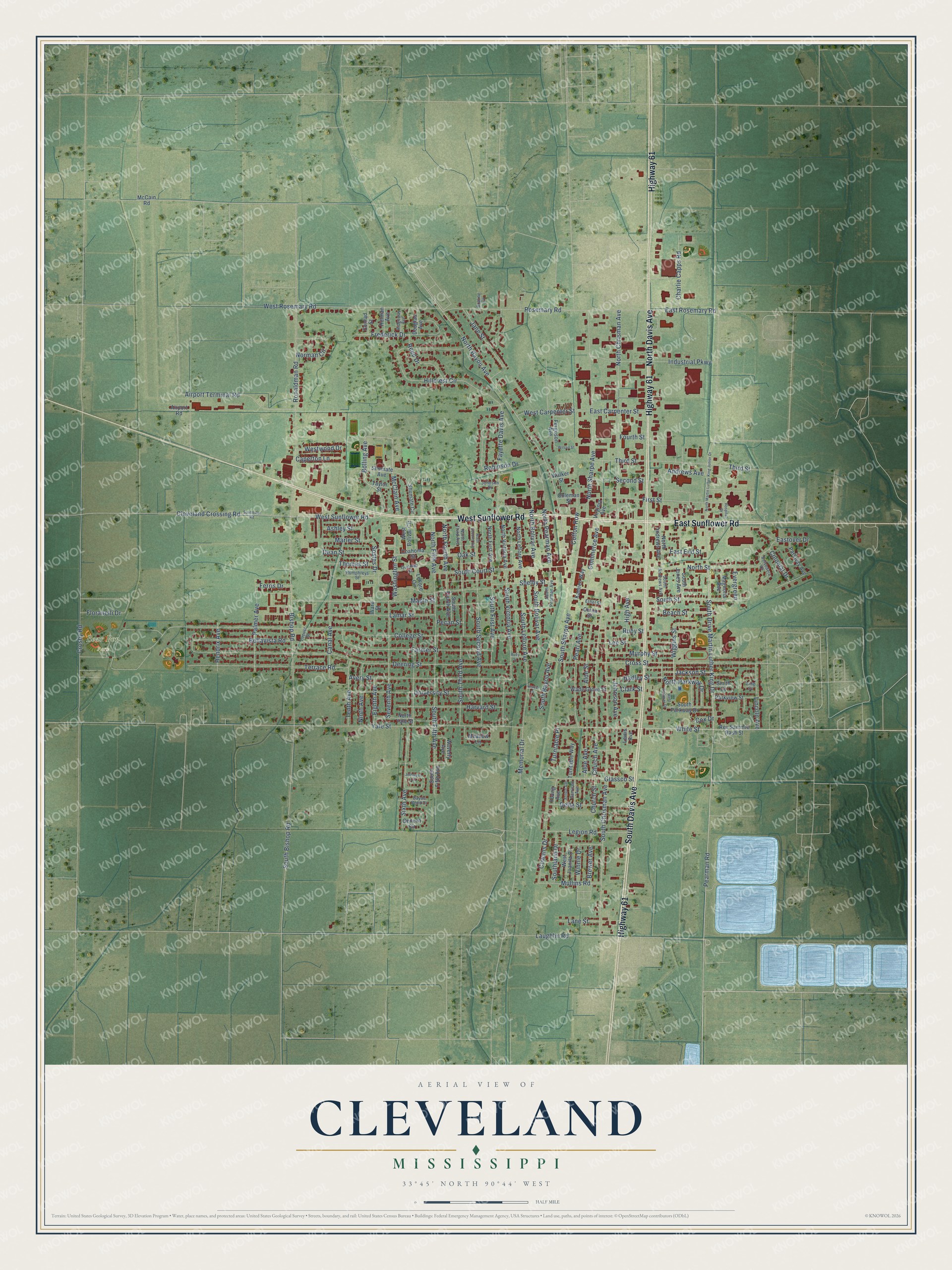 Full map of Cleveland, Mississippi, with red buildings, printed street names and the land around them