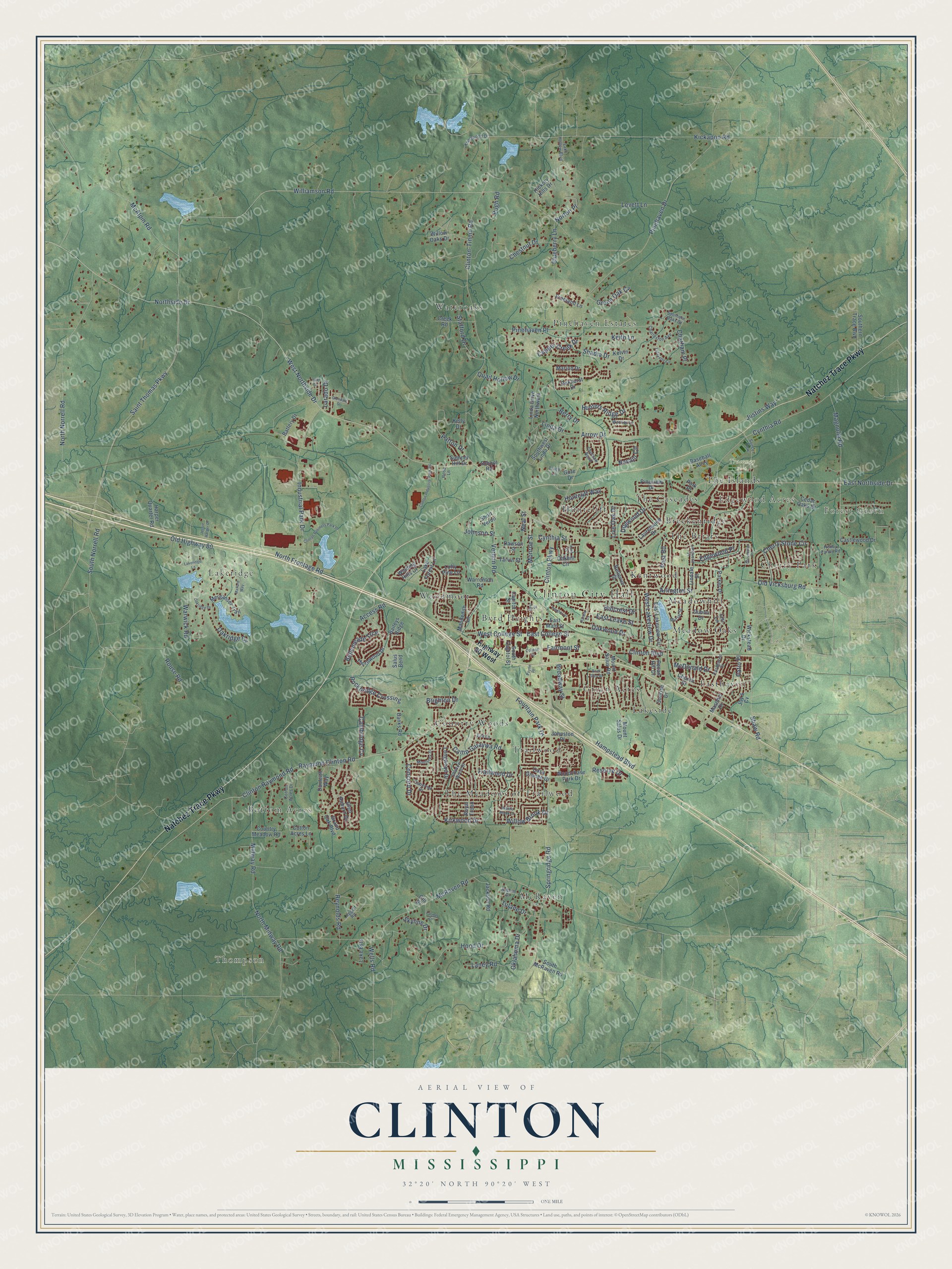 Watermarked full-map preview of Clinton, Mississippi