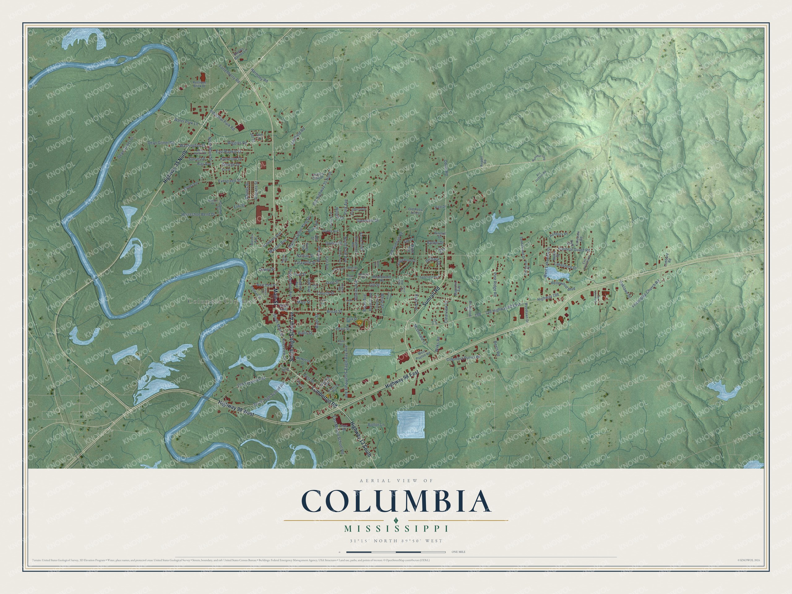 Watermarked full-map preview of Columbia, Mississippi