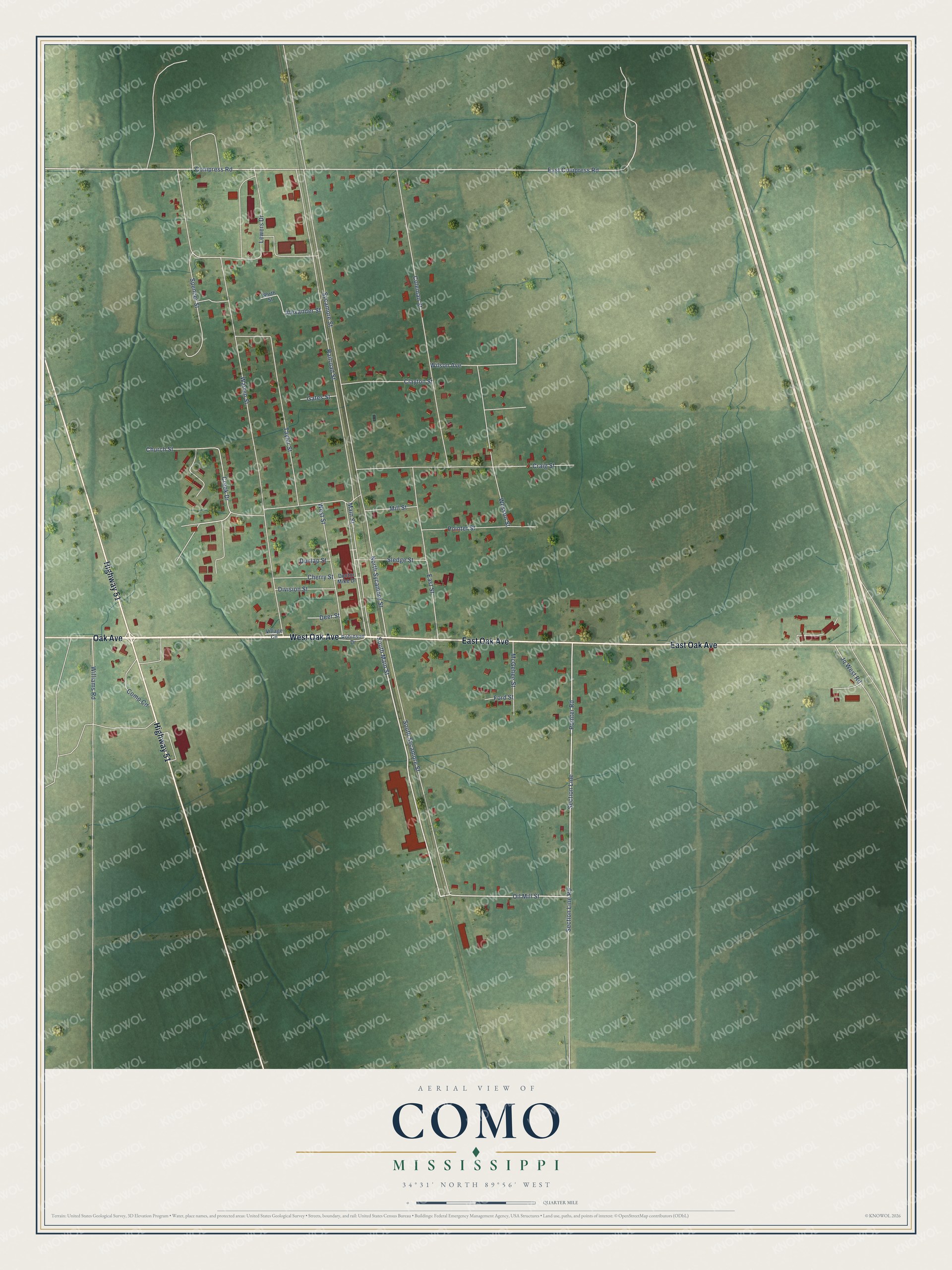 Full map of Como, Mississippi, with red buildings, printed street names and the land around them
