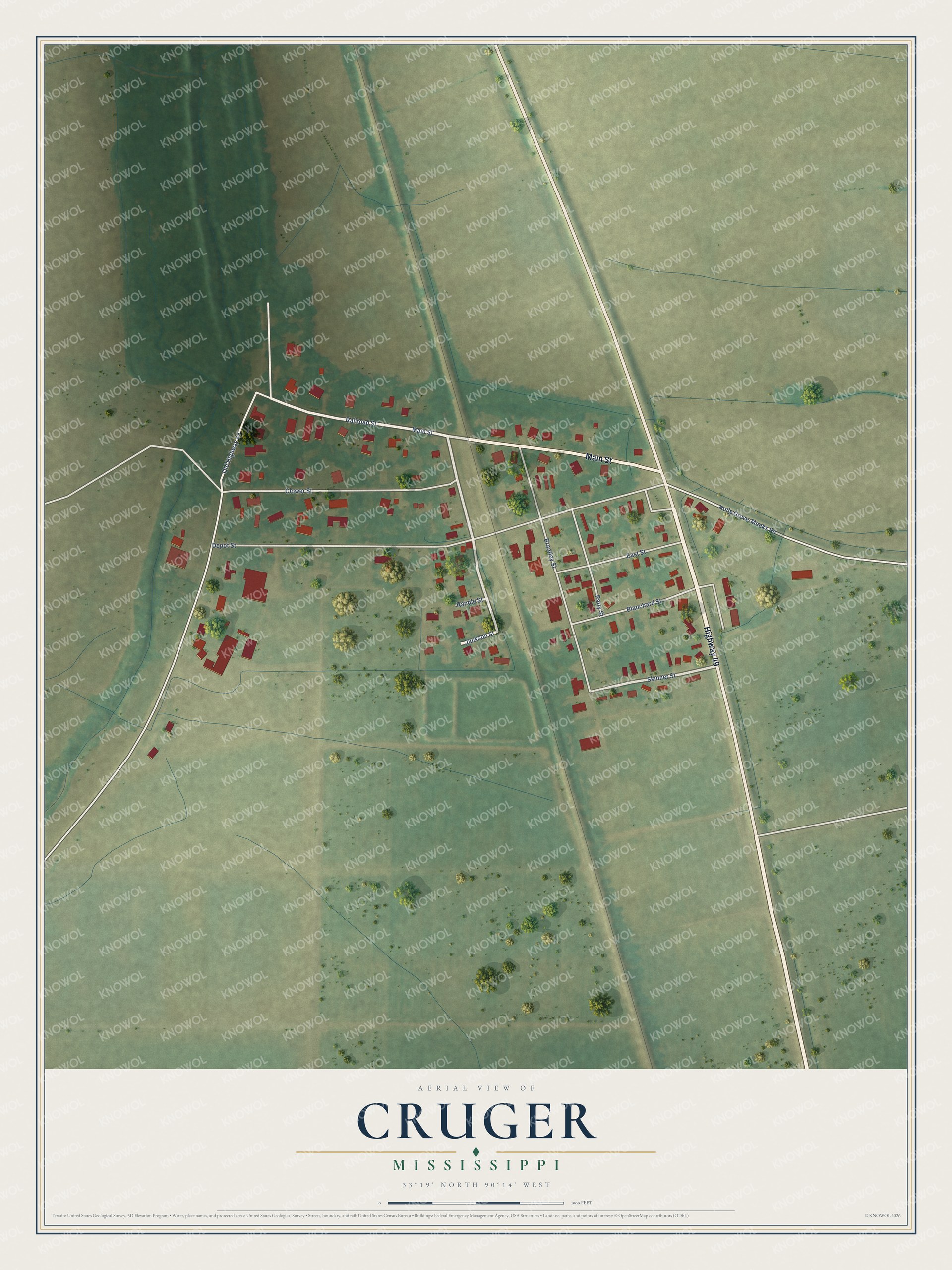 Full map of Cruger, Mississippi, with red buildings, printed street names and the land around them