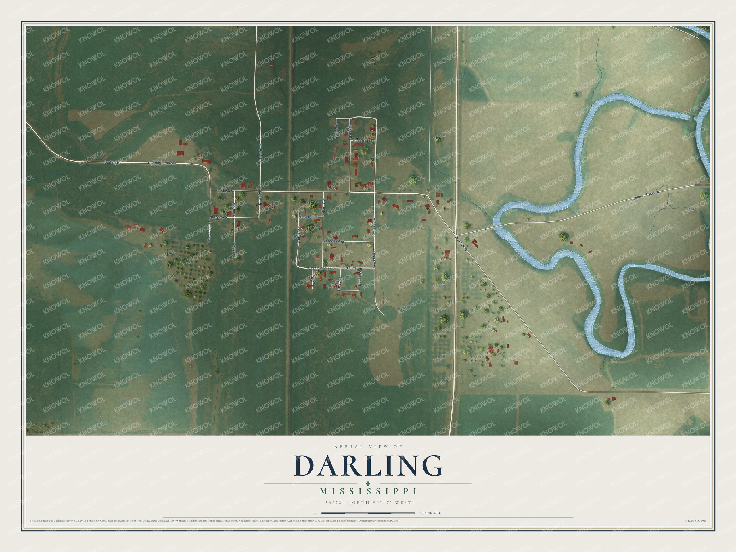 Full map of Darling, Mississippi, with red buildings, printed street names and the land around them
