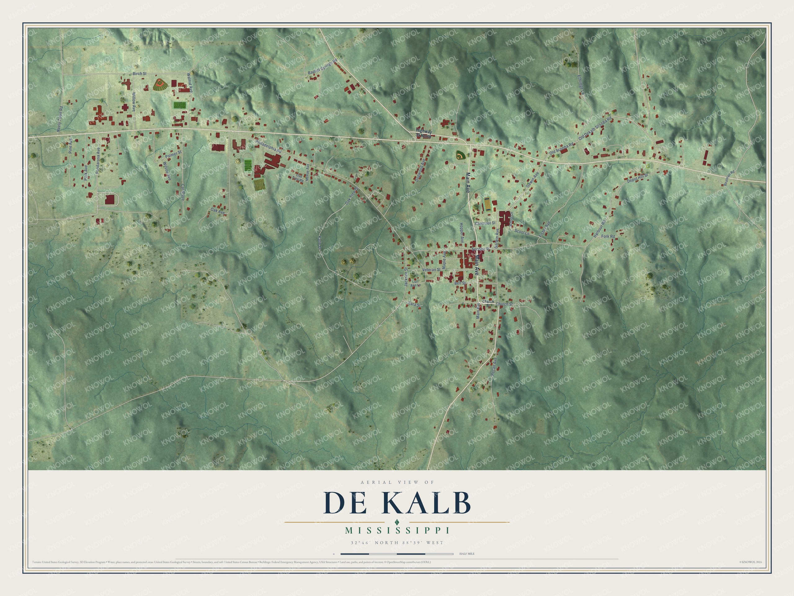 Full map of De Kalb, Mississippi, with red buildings, printed street names and the land around them