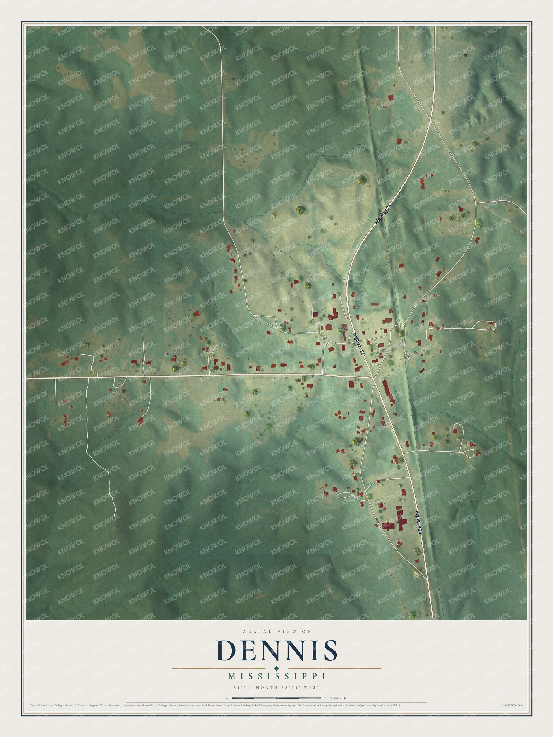 Full map of Dennis, Mississippi, with red buildings, printed street names and the land around them