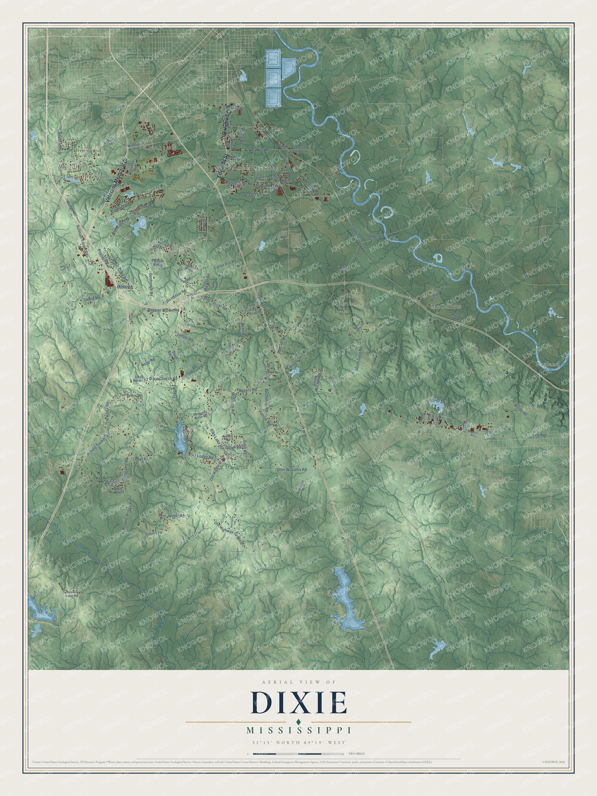 Full map of Dixie, Mississippi, with red buildings, printed street names and the land around them