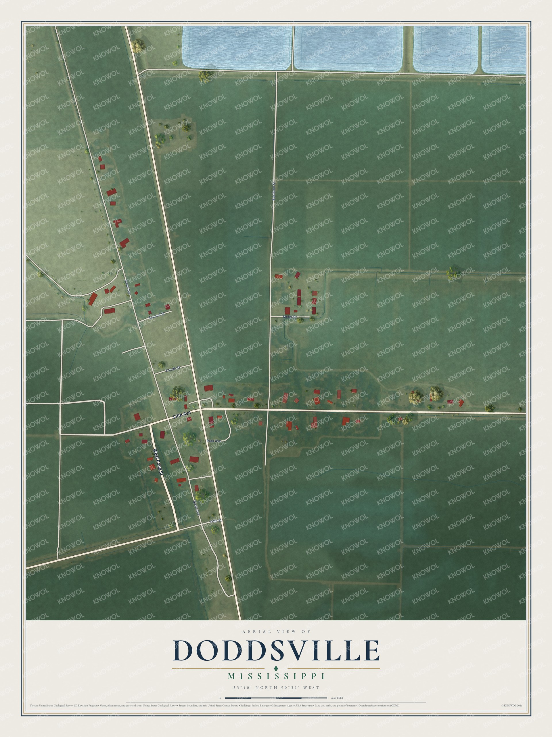 Full map of Doddsville, Mississippi, with red buildings, printed street names and the land around them