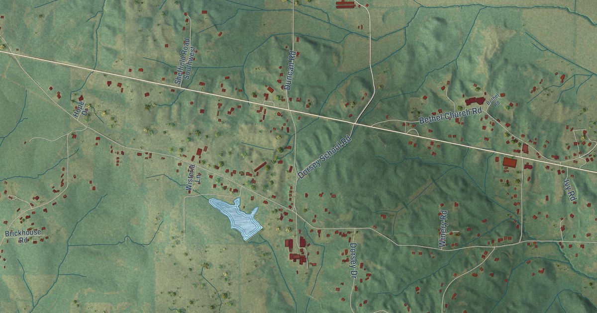 Close-up of streets and buildings in Dorsey, Mississippi
