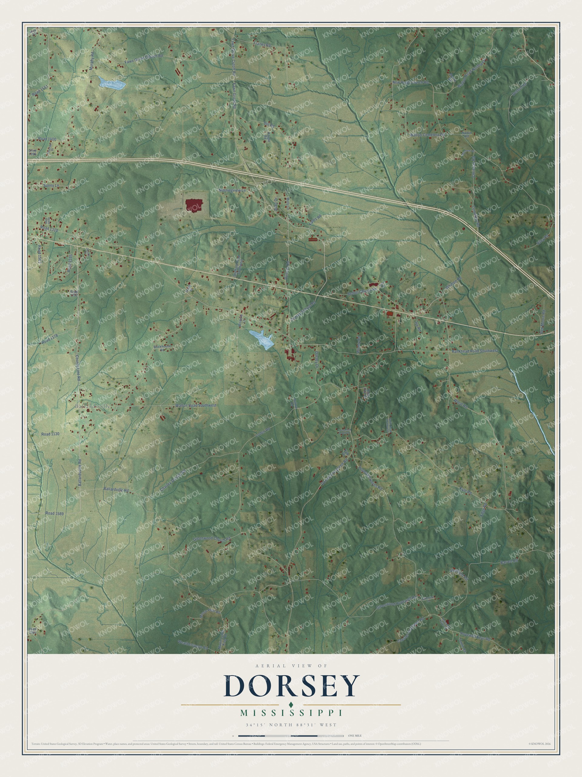 Full map of Dorsey, Mississippi, with red buildings, printed street names and the land around them