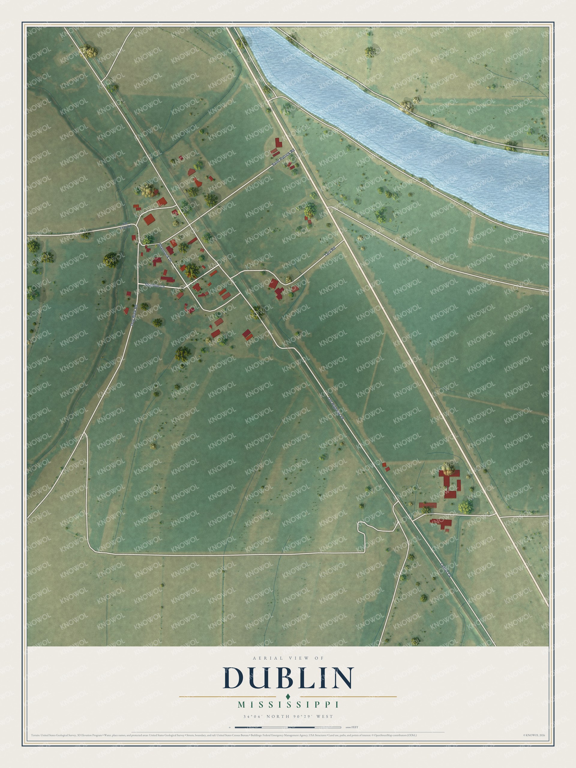Full map of Dublin, Mississippi, with red buildings, printed street names and the land around them