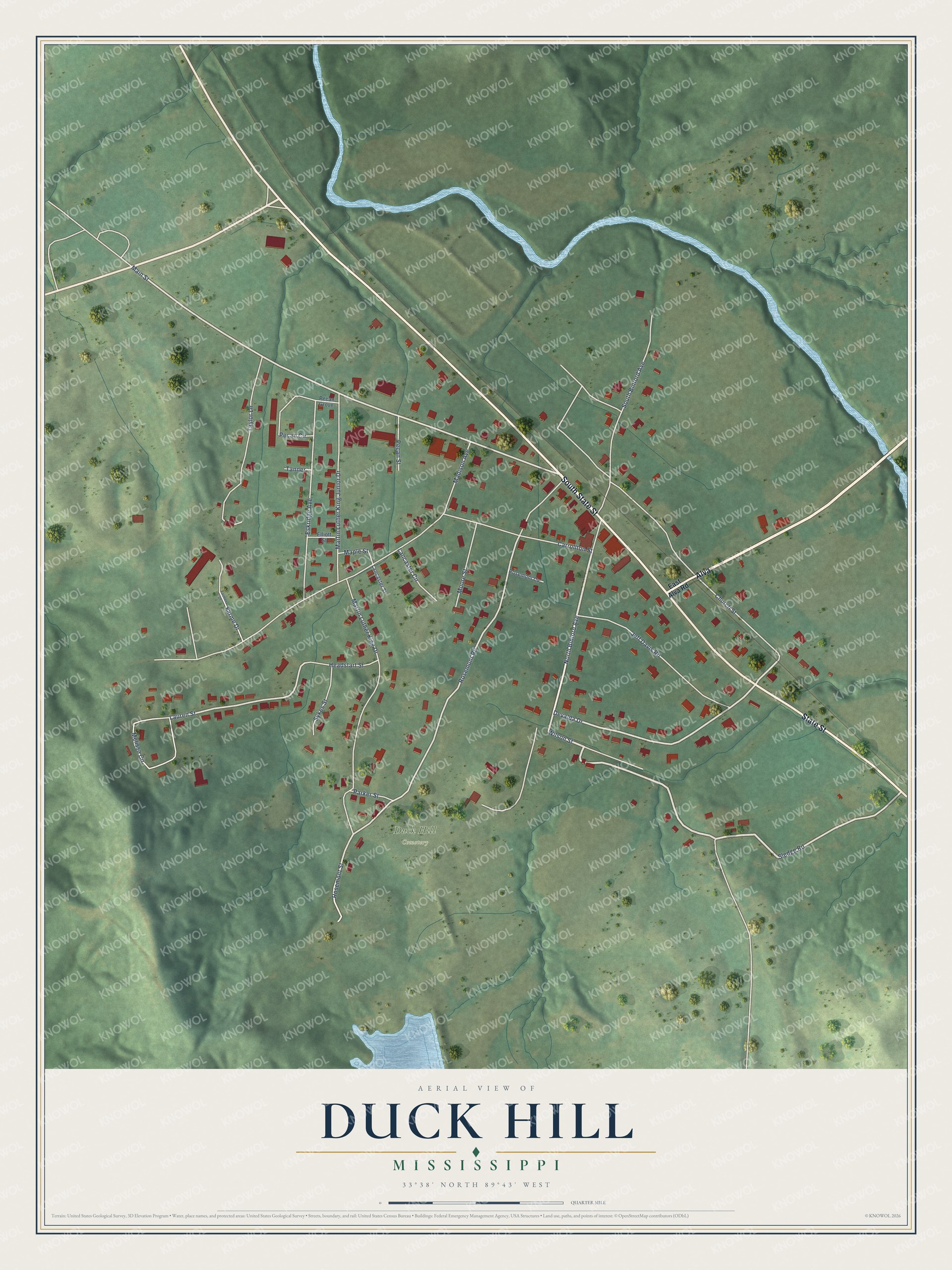 Full map of Duck Hill, Mississippi, with red buildings, printed street names and the land around them