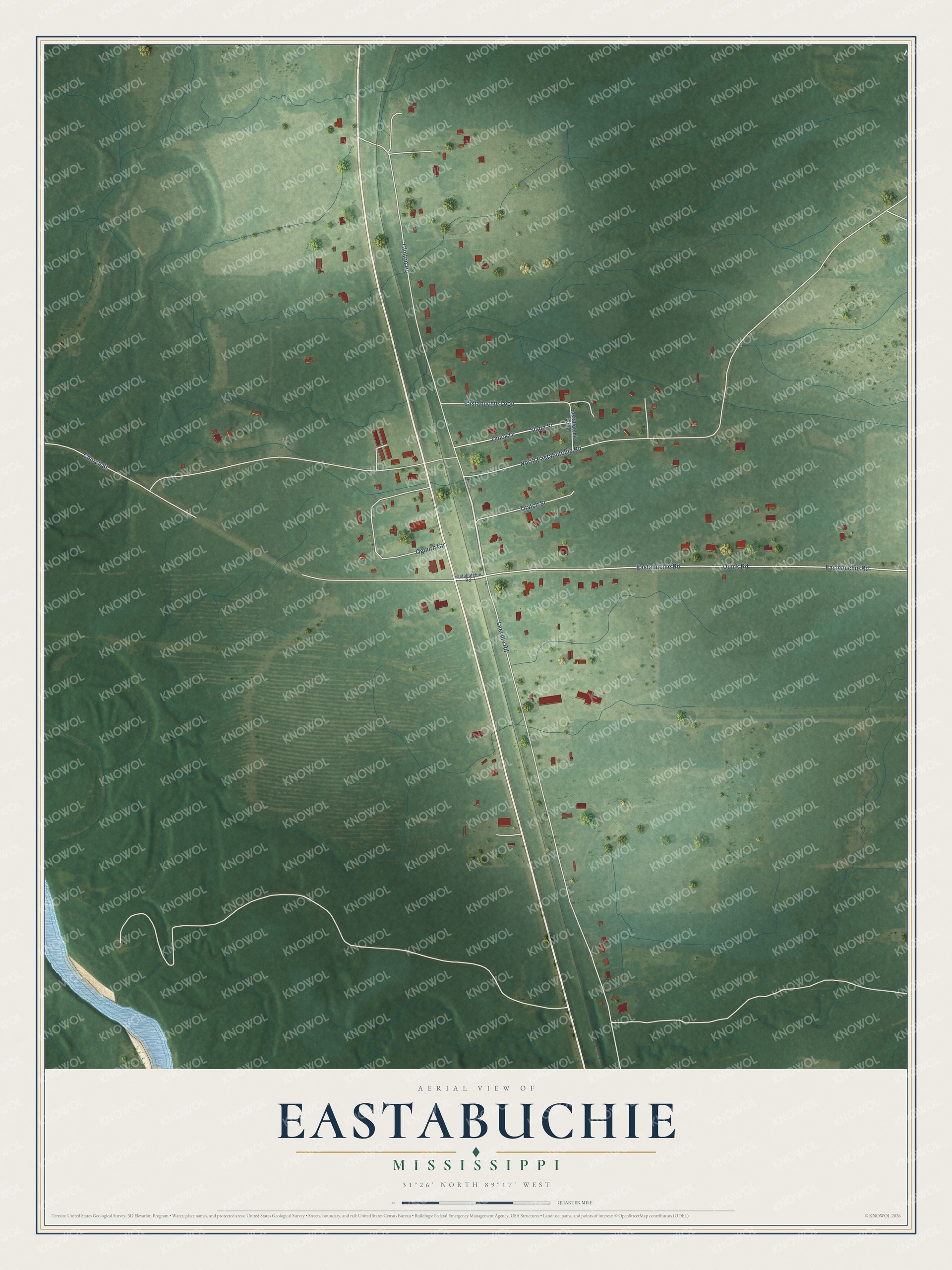 Full map of Eastabuchie, Mississippi, with red buildings, printed street names and the land around them